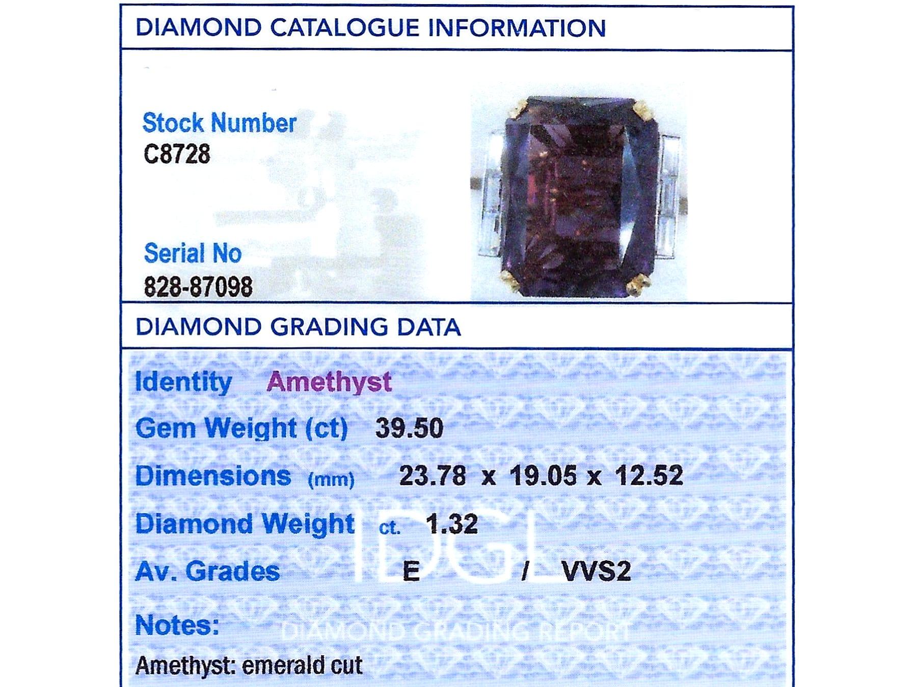 Vintage 39.50 Carat Amethyst and 1.32Carat Diamond Cocktail Ring For Sale 3