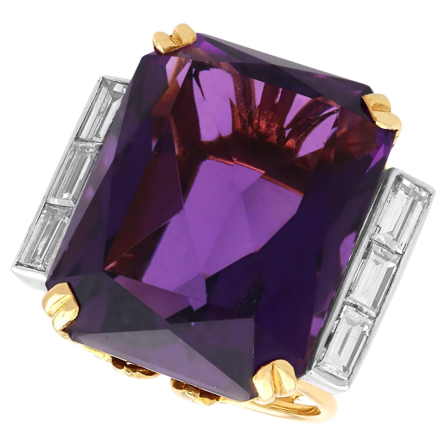 Vintage 39.50 Carat Amethyst and 1.32Carat Diamond Cocktail Ring For Sale