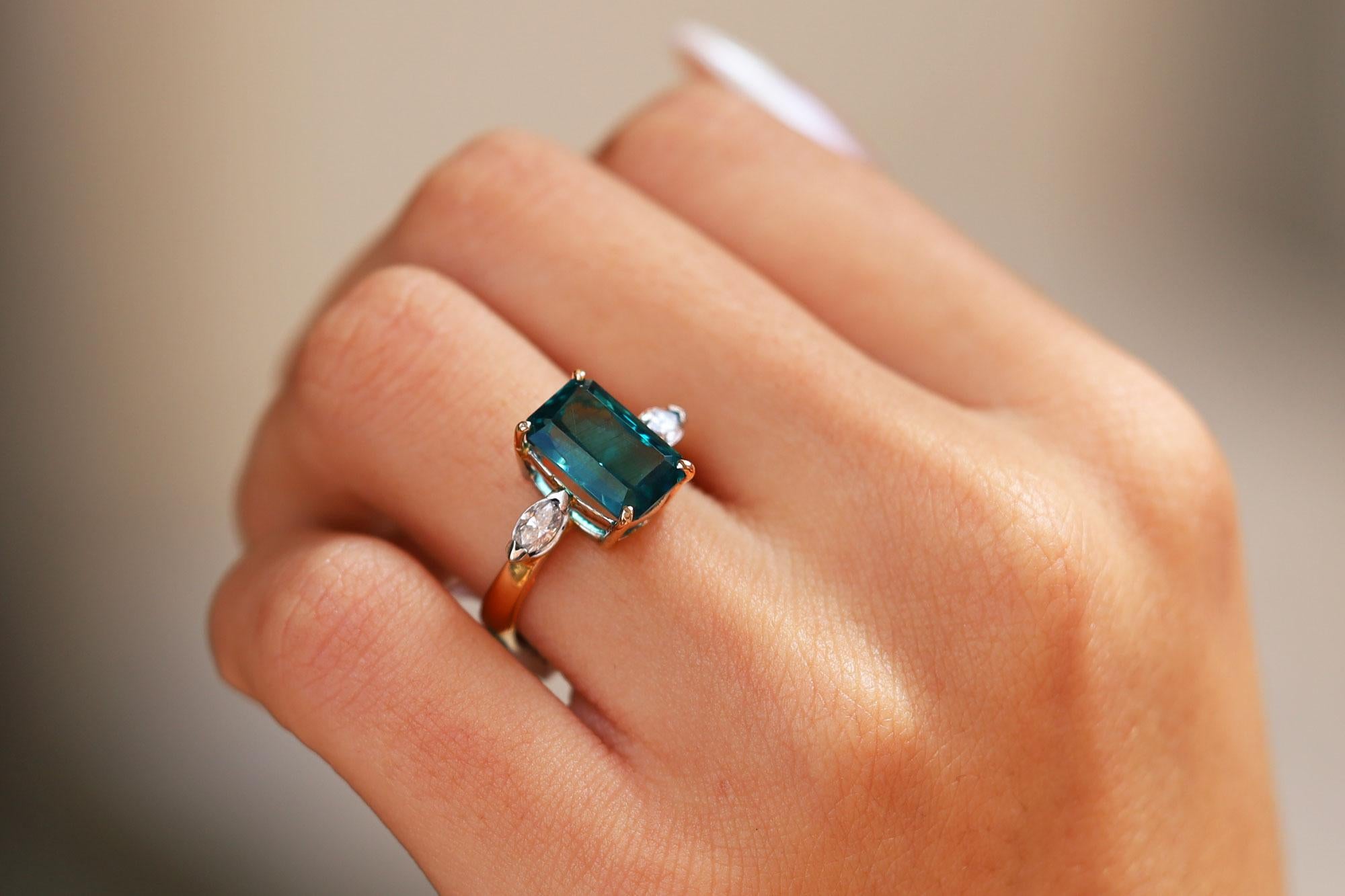 Emerald Cut Vintage 3.98 Carat Indicolite Tourmaline and Diamond Engagement Ring For Sale