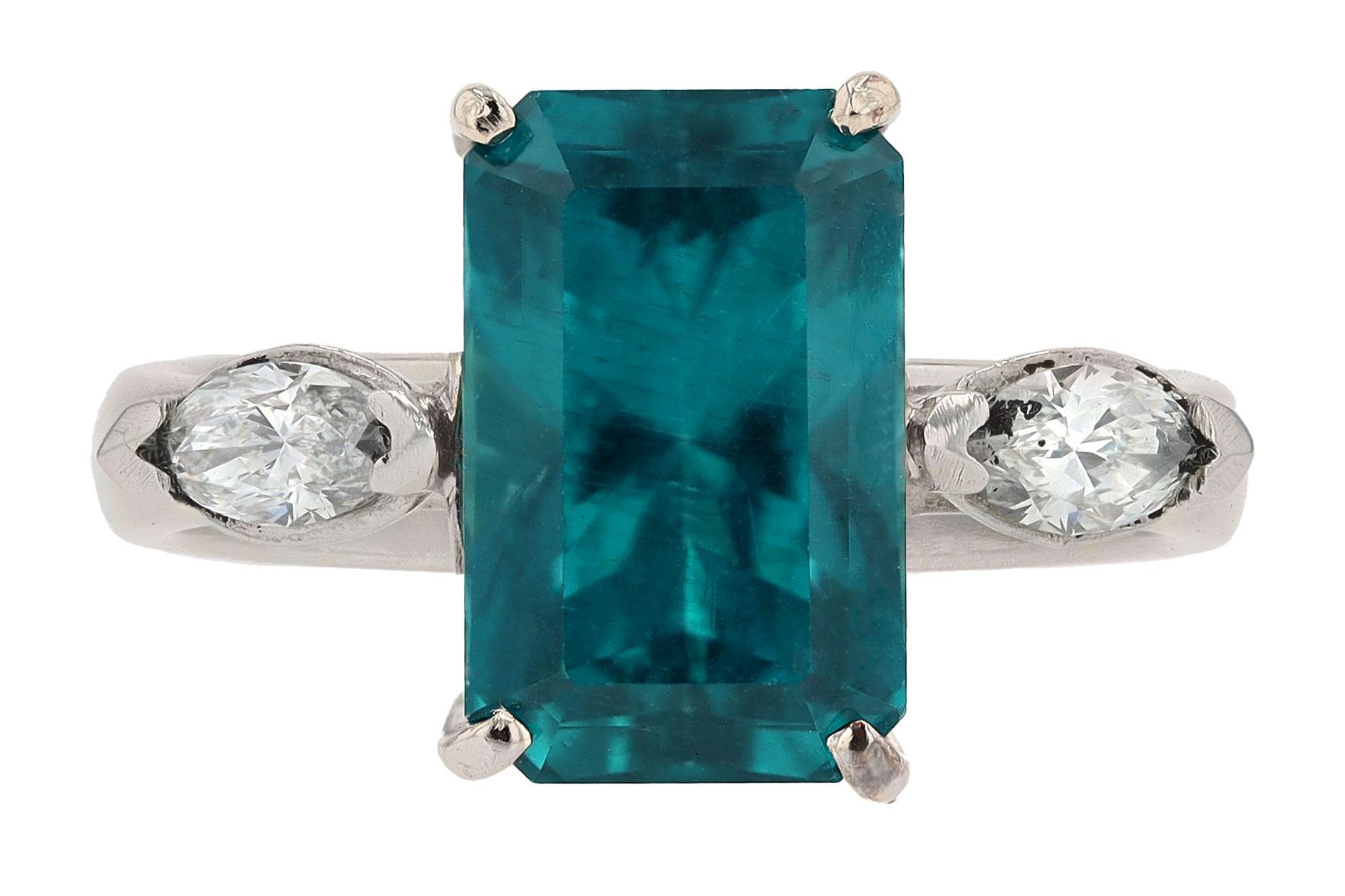 Vintage 3.98 Carat Indicolite Tourmaline and Diamond Engagement Ring For Sale