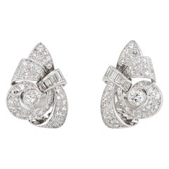Vintage 3ct Diamond Earrings 1950s Midcentury Platinum Scrolled Clips Jewelry