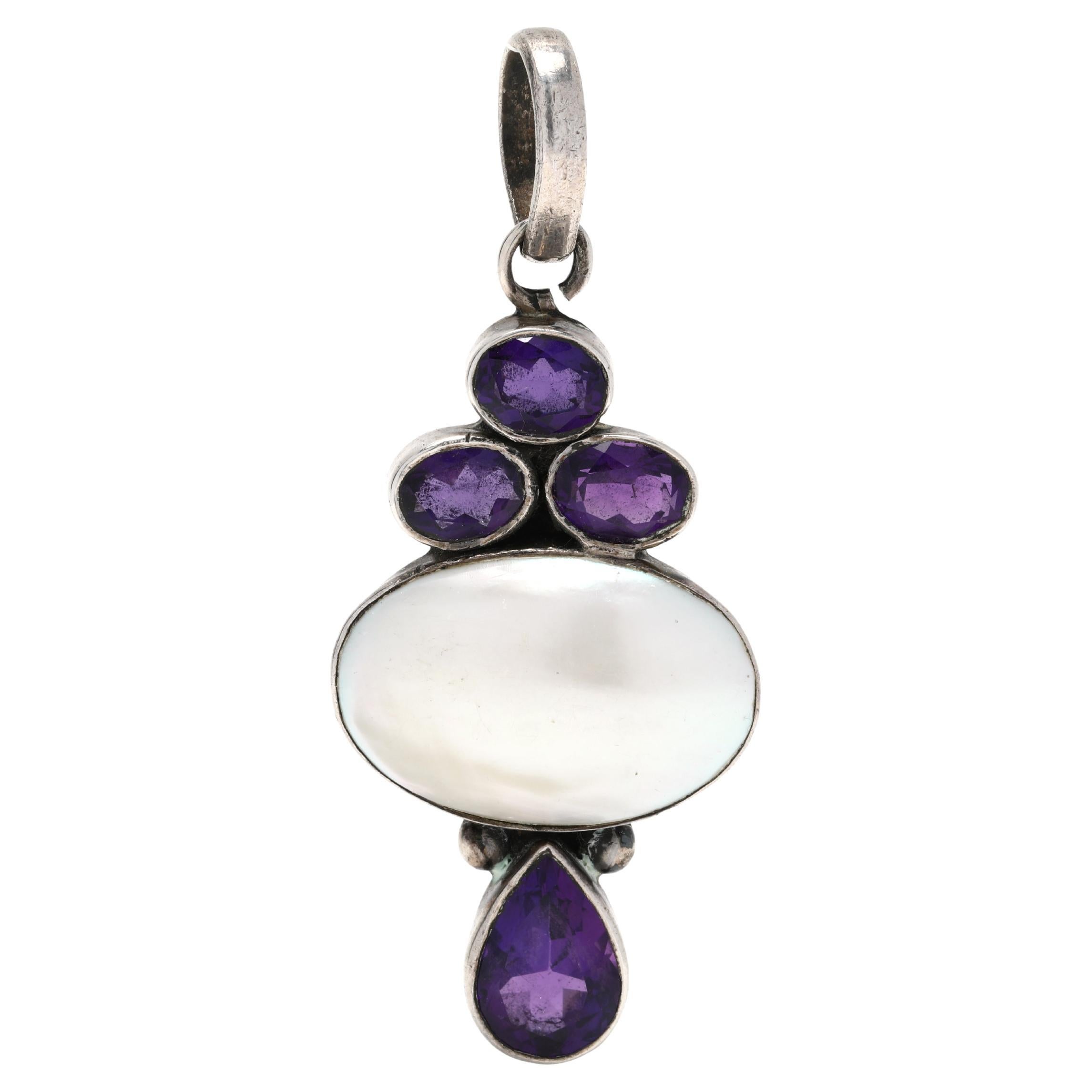 Vintage 3ctw Amethyst Mabé Pearl Long Pendant, Sterling Silver, Length 2.5 Inch For Sale