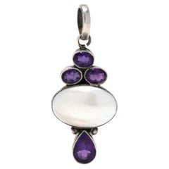 Retro 3ctw Amethyst Mabé Pearl Long Pendant, Sterling Silver, Length 2.5 Inch
