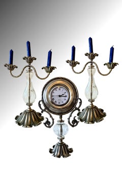 Vintage 3pc Garnitur in Murano Glas, 2x Kandelaber + Mantle Clock c.1980s