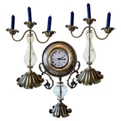 Vintage 3pc Garnitur in Murano Glas, 2x Kandelaber + Mantle Clock c.1980s