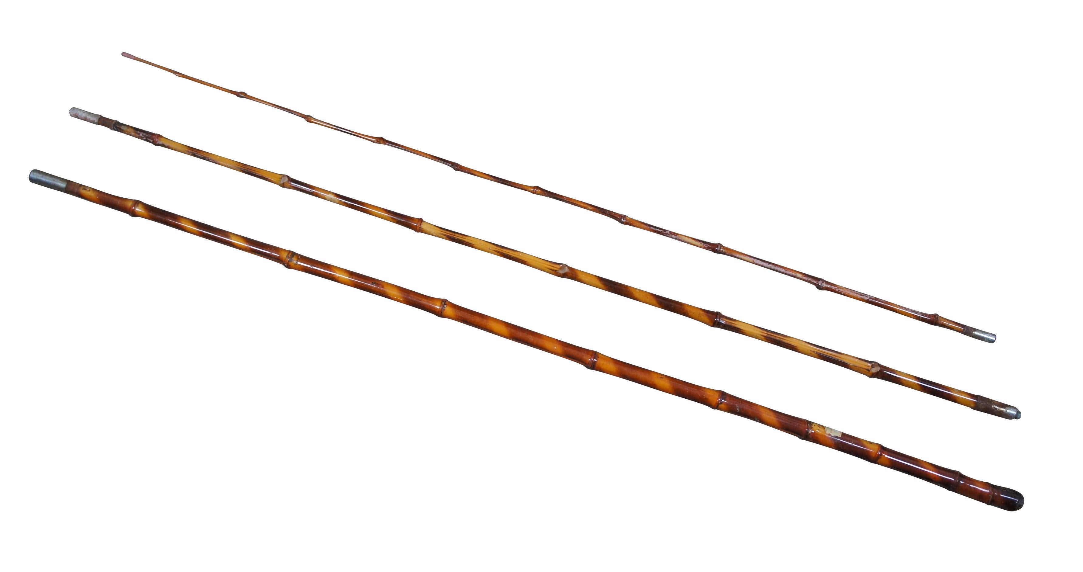 Circa mid 20th century West Point Pole scorched bamboo crappie / trout fly fishing rod. Thirteen foot total length - each section approximately 53 inches. Worn West Point Pole sticker on lowest section.  Japan.  Also includes aluminum Berkley