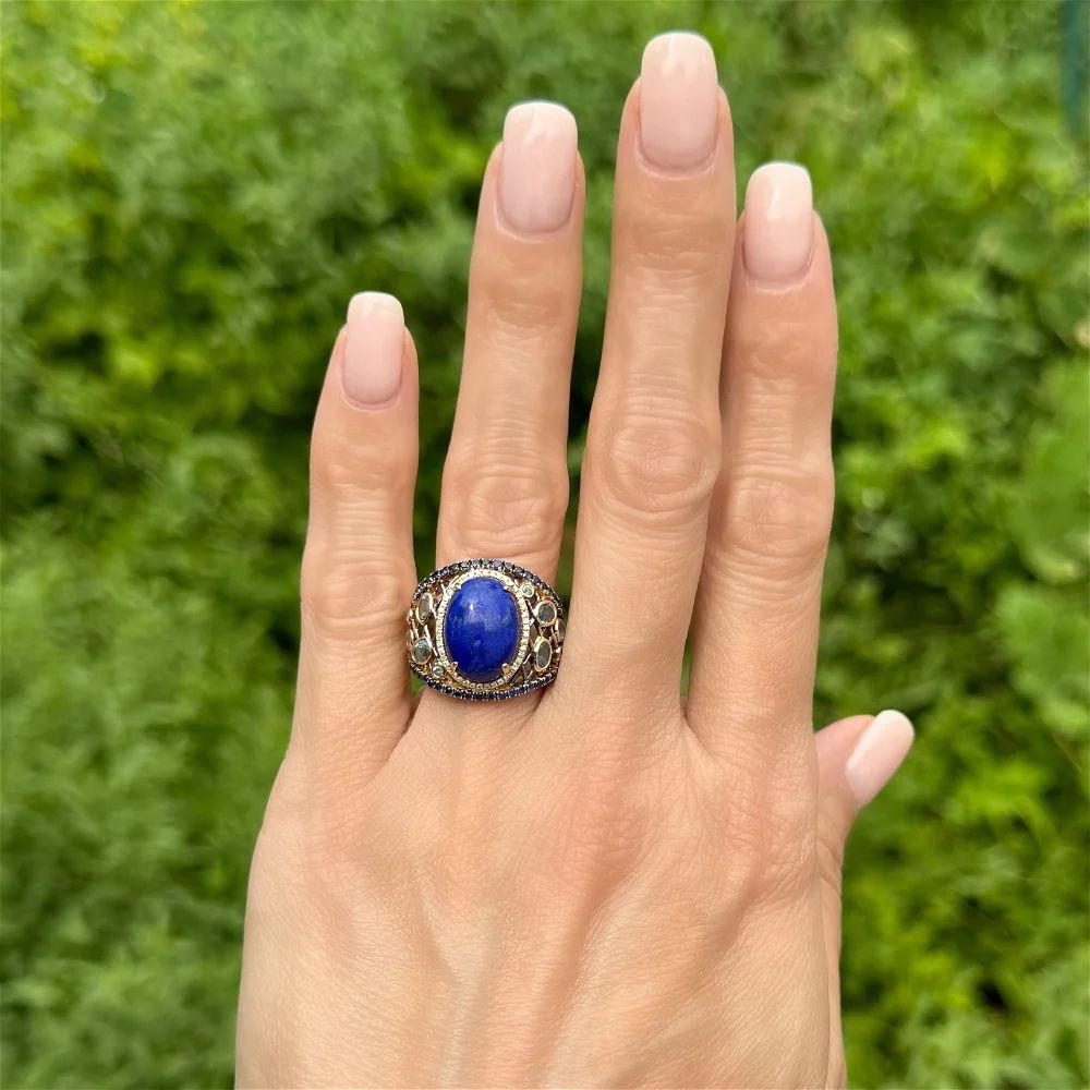 Modernist Vintage 4 Carat Cabochon Lapis Lazuli Diamond Sapphire and Topaz Gold Ring For Sale