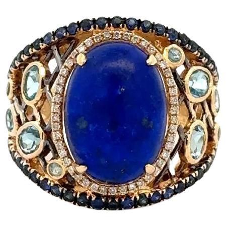 Vintage 4 Carat Cabochon Lapis Lazuli Diamond Sapphire and Topaz Gold Ring