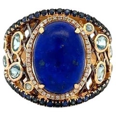 Vintage 4 Carat Cabochon Lapis Lazuli Diamond Sapphire and Topaz Gold Ring