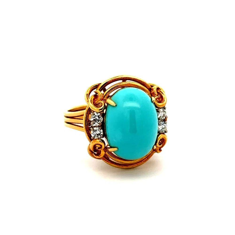 Simply Beautiful! Elegant and finely detailed Designer Mid Century Modern Hammerman Bros Persian Turquoise and Diamond Designer Statement Cocktail Ring. Centering a securely nestled Hand set 4 Carat Persian Turquoise, accented by Round Brilliant Cut
