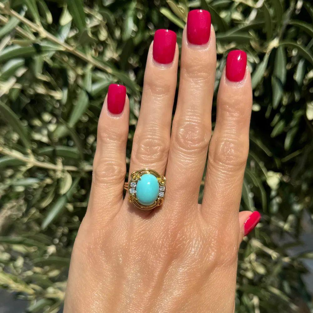Modernist Vintage 4 Carat Persian Turquoise and Diamond Designer Hammerman Bros Gold Ring For Sale