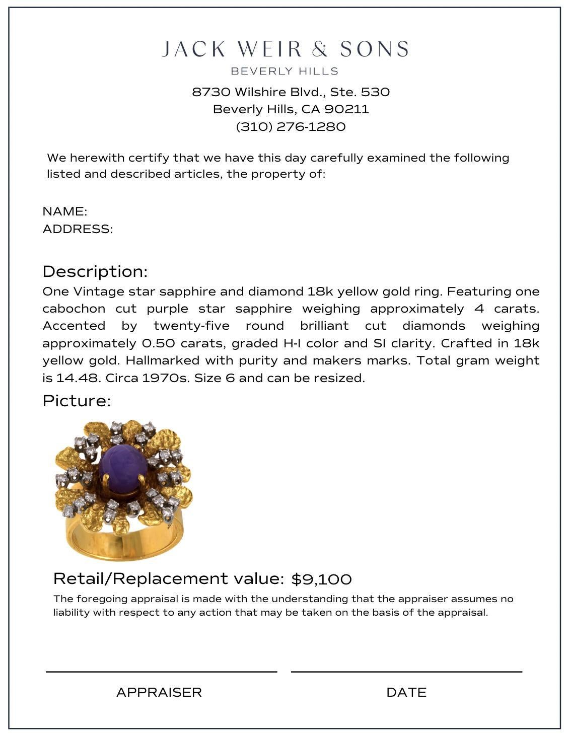 Vintage 4 carat purple star sapphire diamond 18k yellow gold cocktail ring in vendita 1