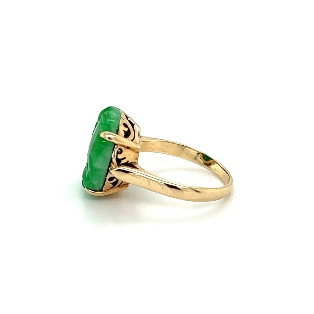 Women's Vintage 4 Carat Round Carved Jadeite Jade Gold Filigree Solitaire Ring For Sale