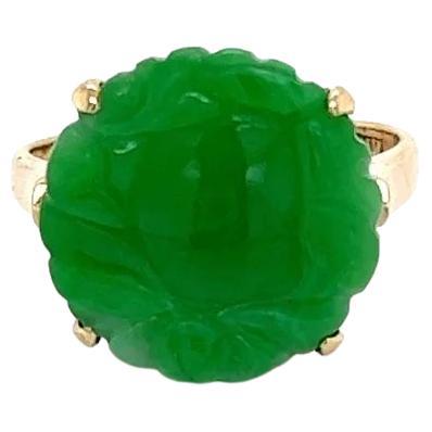 Vintage 4 Carat Round Carved Jadeite Jade Gold Filigree Solitaire Ring For Sale