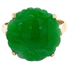 Vintage 4 Carat Round Carved Jadeite Jade Gold Filigree Solitaire Ring