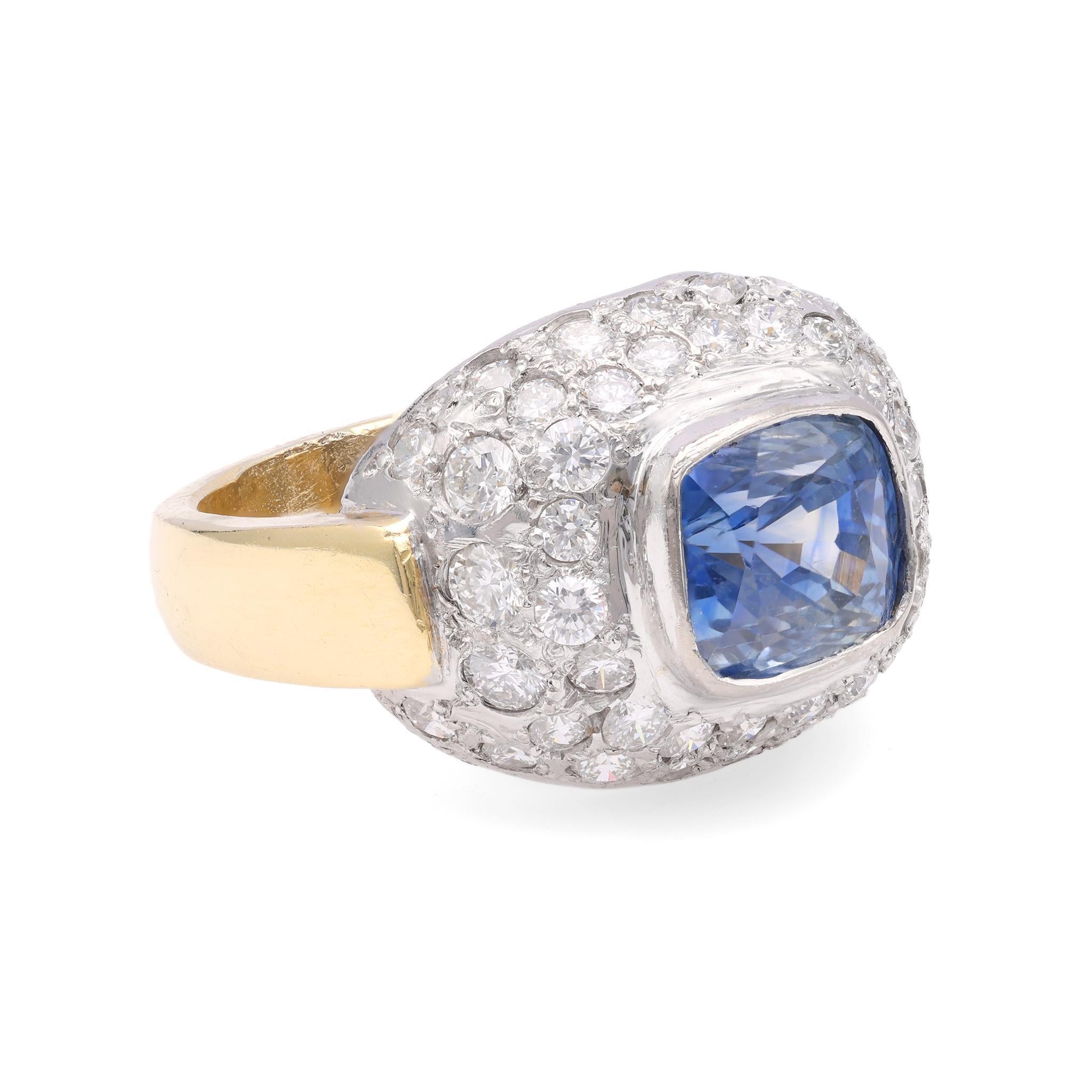 Cushion Cut Vintage 4 Carat Sapphire Diamond Two Tone Gold Ring For Sale