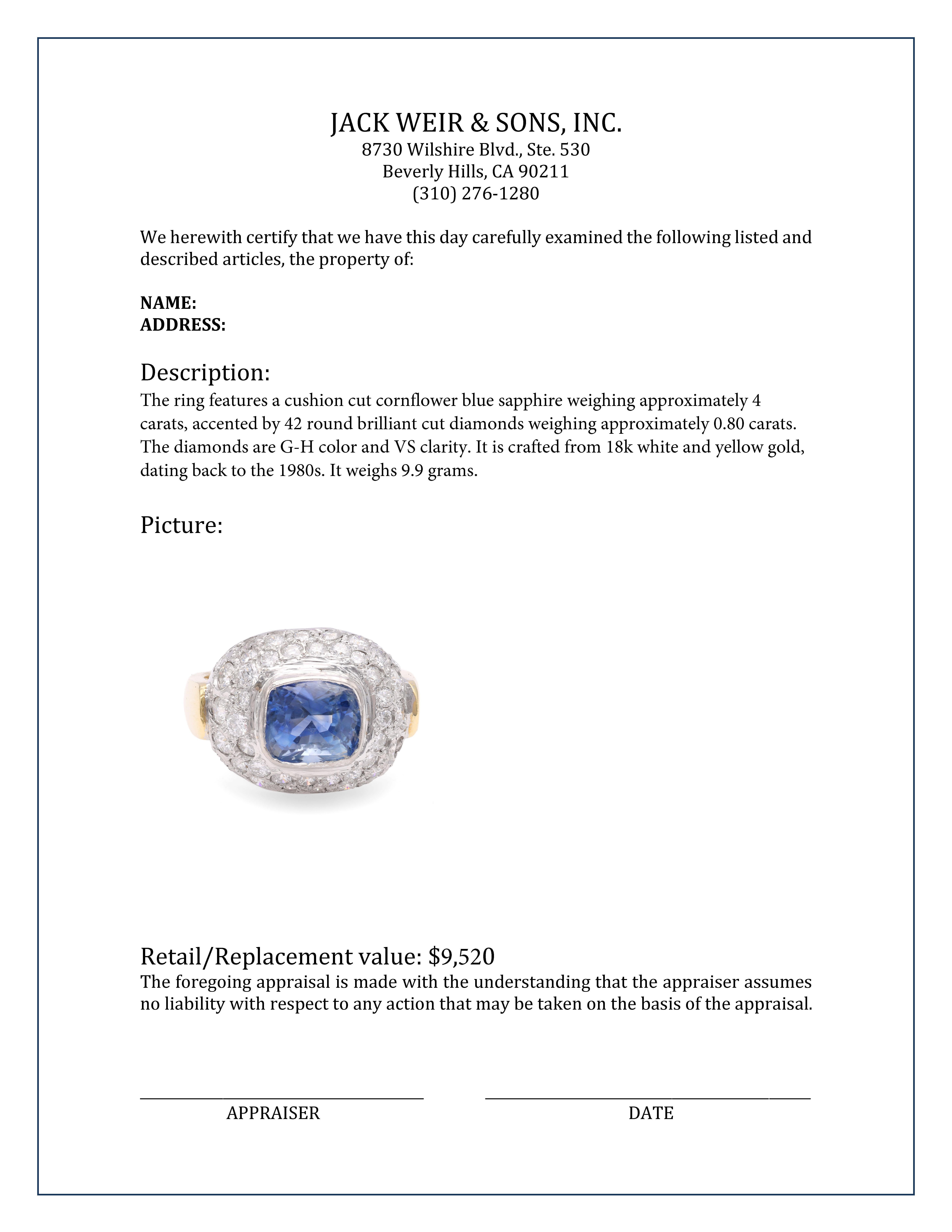 Zweifarbiger Goldring mit 4 Karat Saphir und Diamant im Vintage-Stil für Damen oder Herren