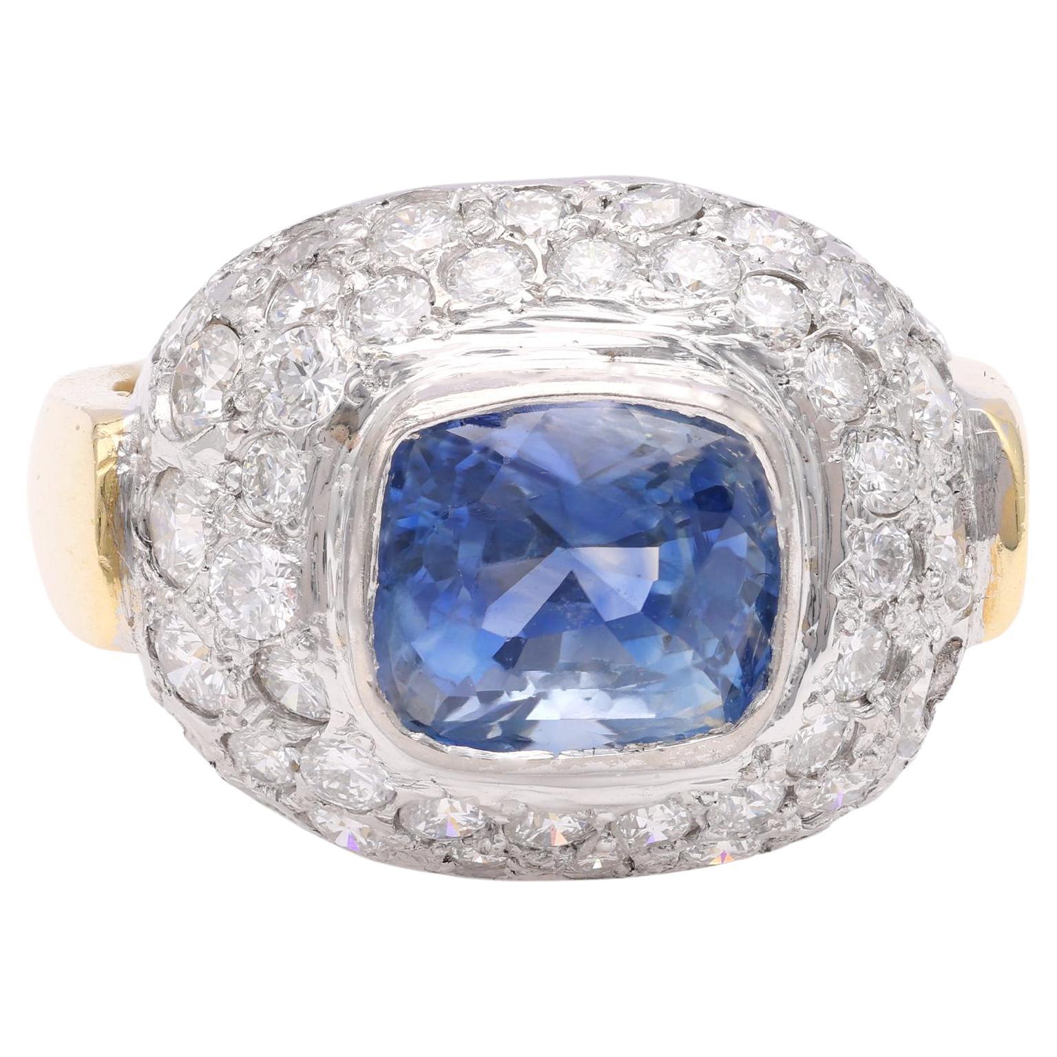 Vintage 4 Carat Sapphire Diamond Two Tone Gold Ring For Sale