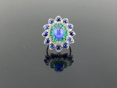Vintage 4 Carat Tanzanite, Emerald And Sapphire Cabochon Ring Cocktail Gold Ring