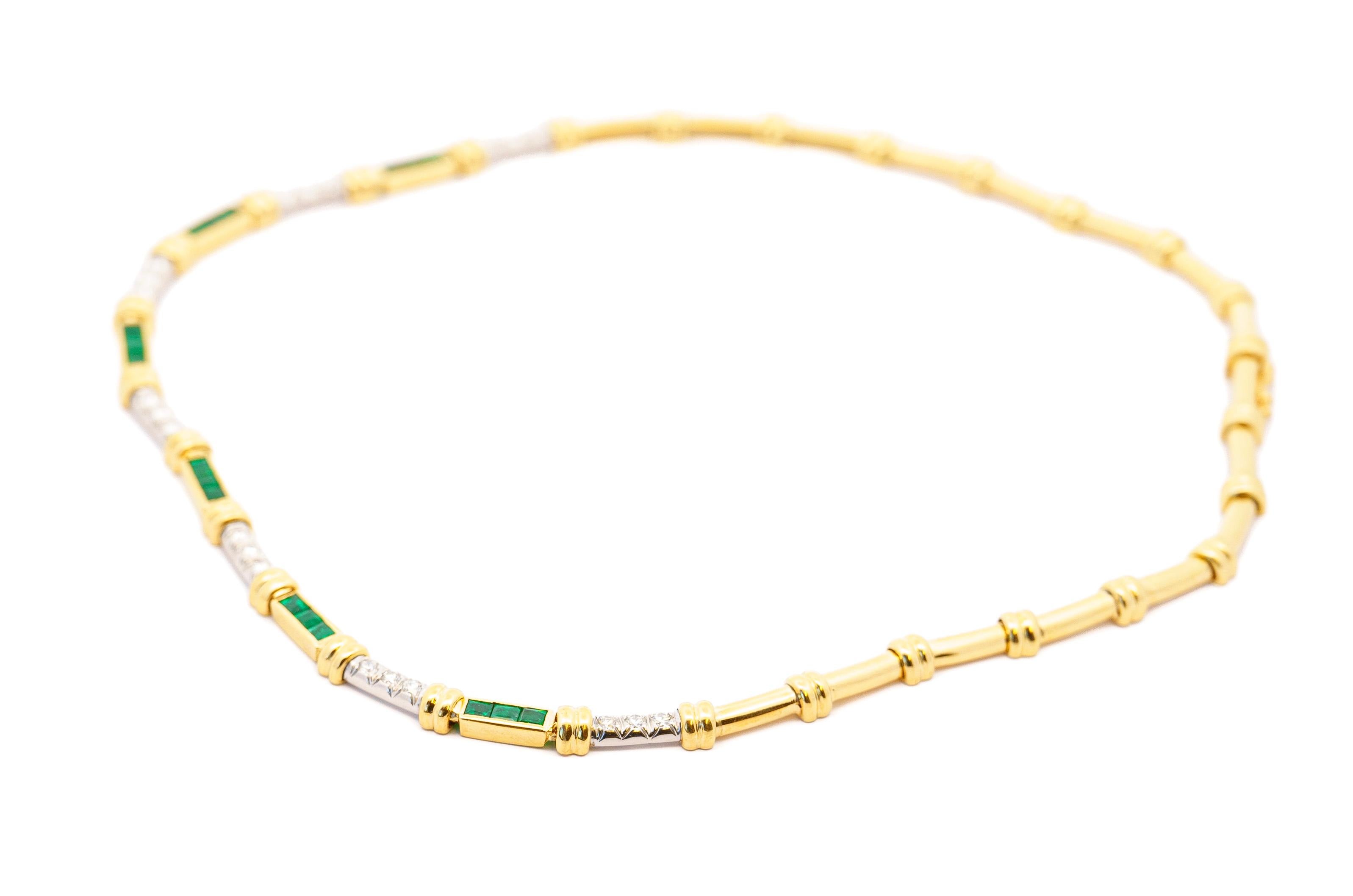 Modernist Vintage 4 Carat Tension Set Colombian Emerald & Diamond Chocker Necklace  For Sale
