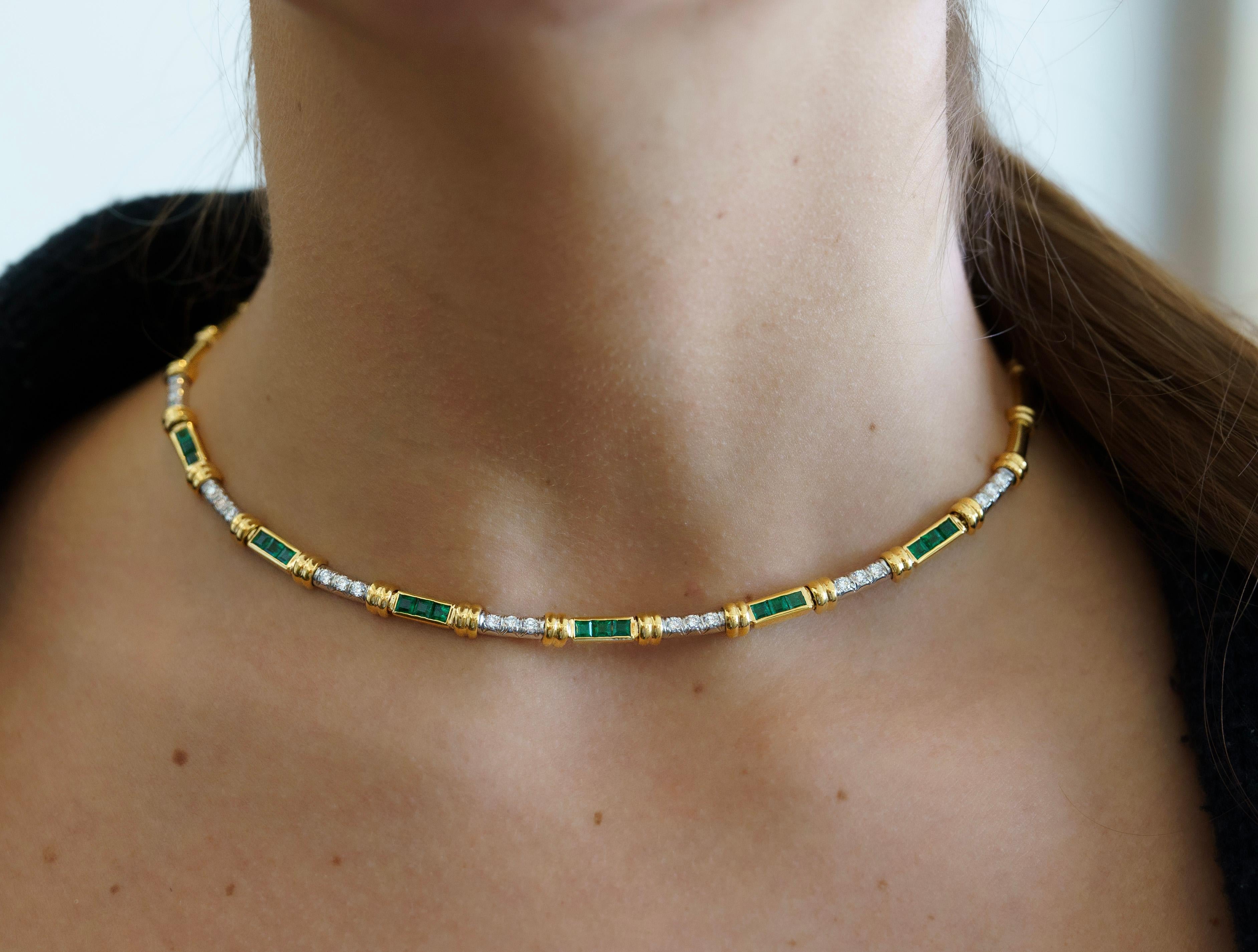 Women's Vintage 4 Carat Tension Set Colombian Emerald & Diamond Chocker Necklace  For Sale