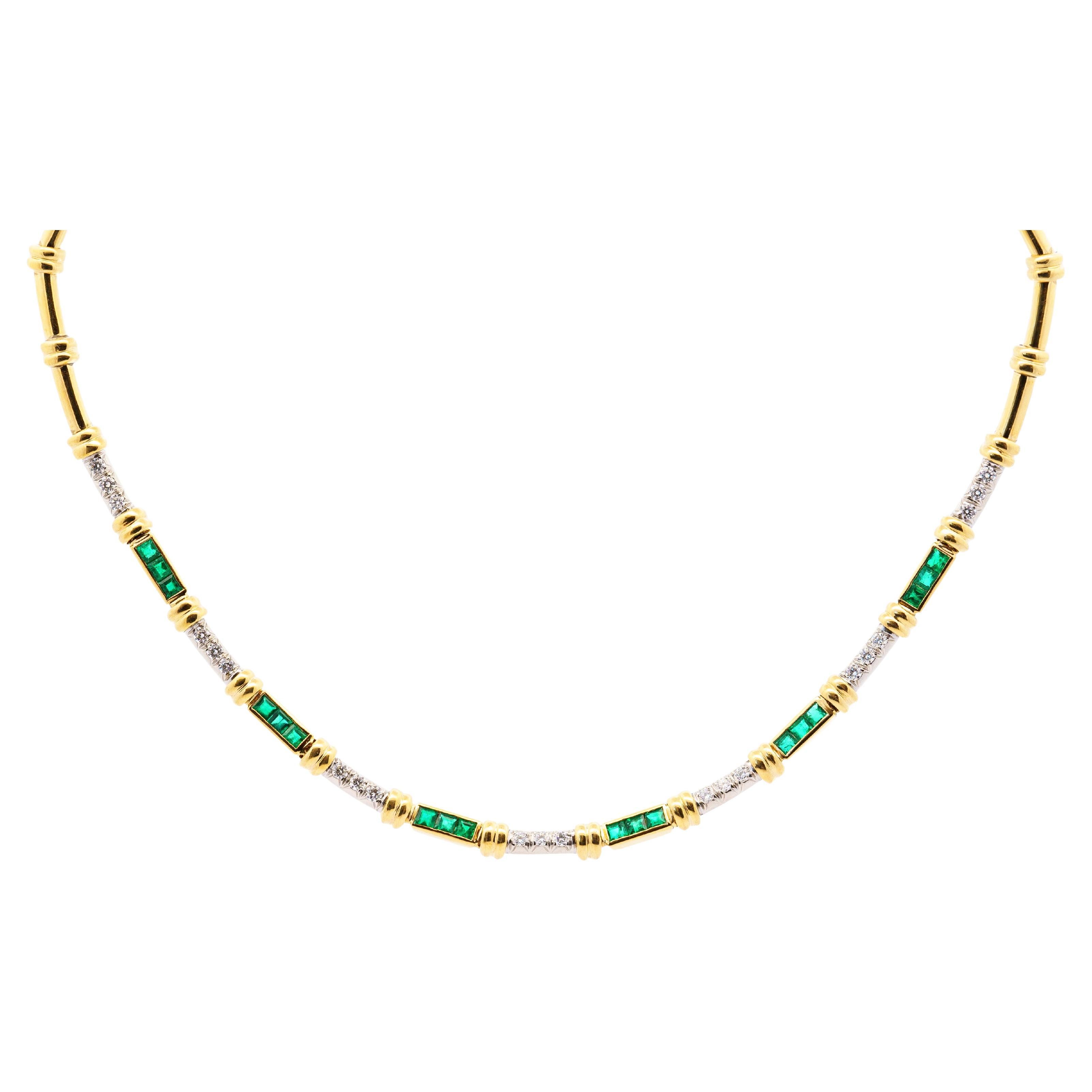 Vintage 4 Carat Tension Set Colombian Emerald & Diamond Chocker Necklace  For Sale