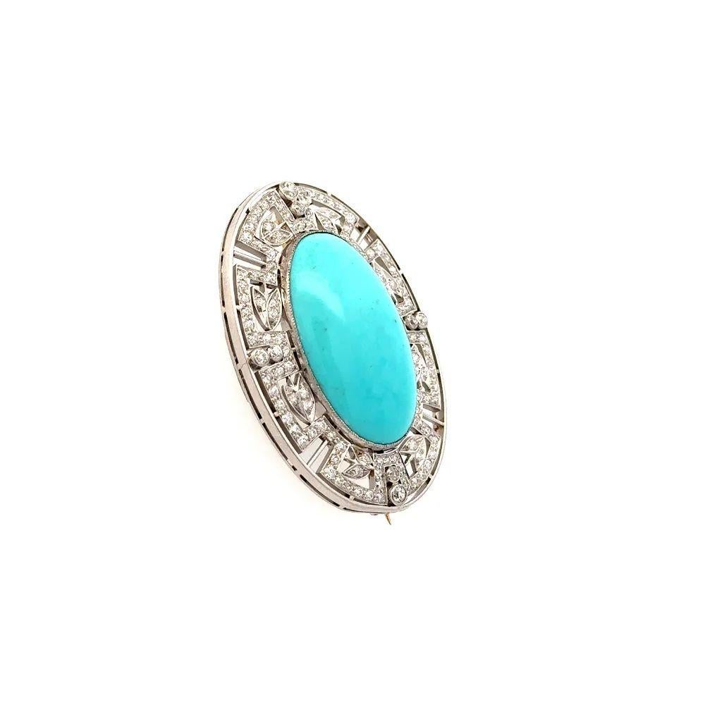 Simply Beautiful!  Show Stopper Art Deco Iconic TIFFANY & CO Robin’s Egg Blue Turquoise and Diamond Statement Platinum Brooch. Centering a securely nestled Oval 4 Carat Turquoise. Surrounded by Hand Set Old European Cut Diamonds, weighing approx.
