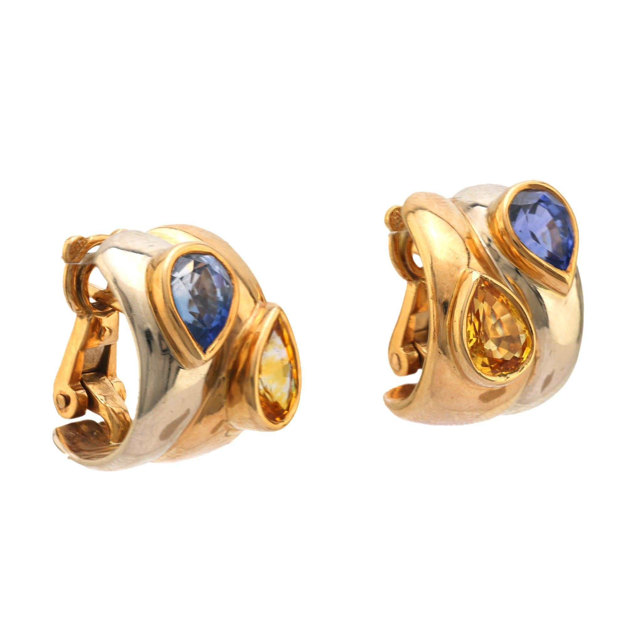 Modern Vintage 4 carat yellow and blue sapphire 18k yellow and white gold earrings