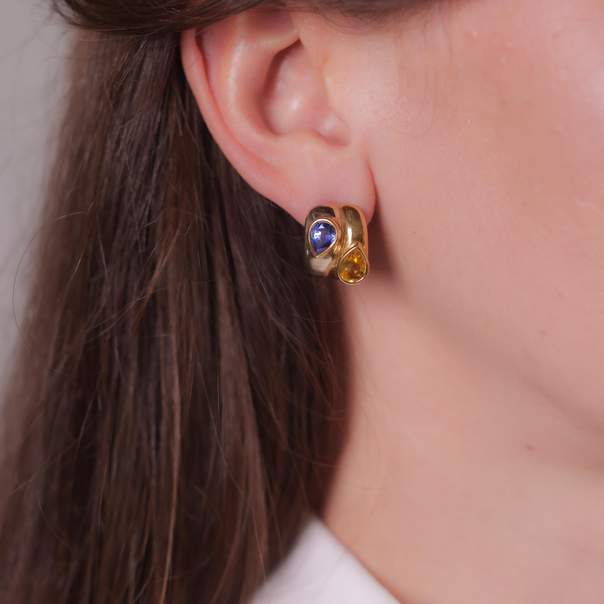 Pear Cut Vintage 4 carat yellow and blue sapphire 18k yellow and white gold earrings