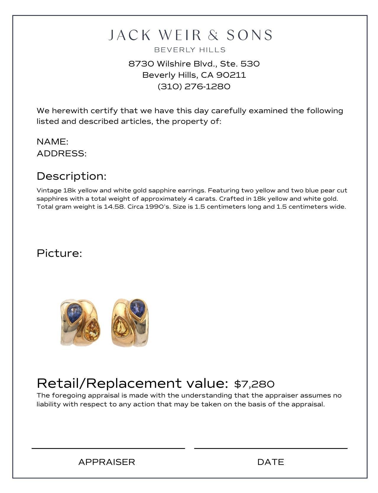 Vintage 4 carat yellow and blue sapphire 18k yellow and white gold earrings In Excellent Condition In Beverly Hills, CA