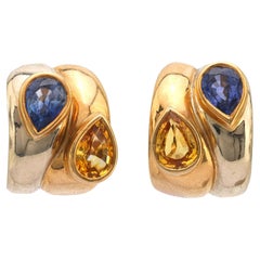 Vintage 4 carat yellow and blue sapphire 18k yellow and white gold earrings