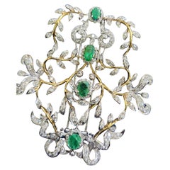 Vintage Diamond And Emerald Large 18k Gold Brooch