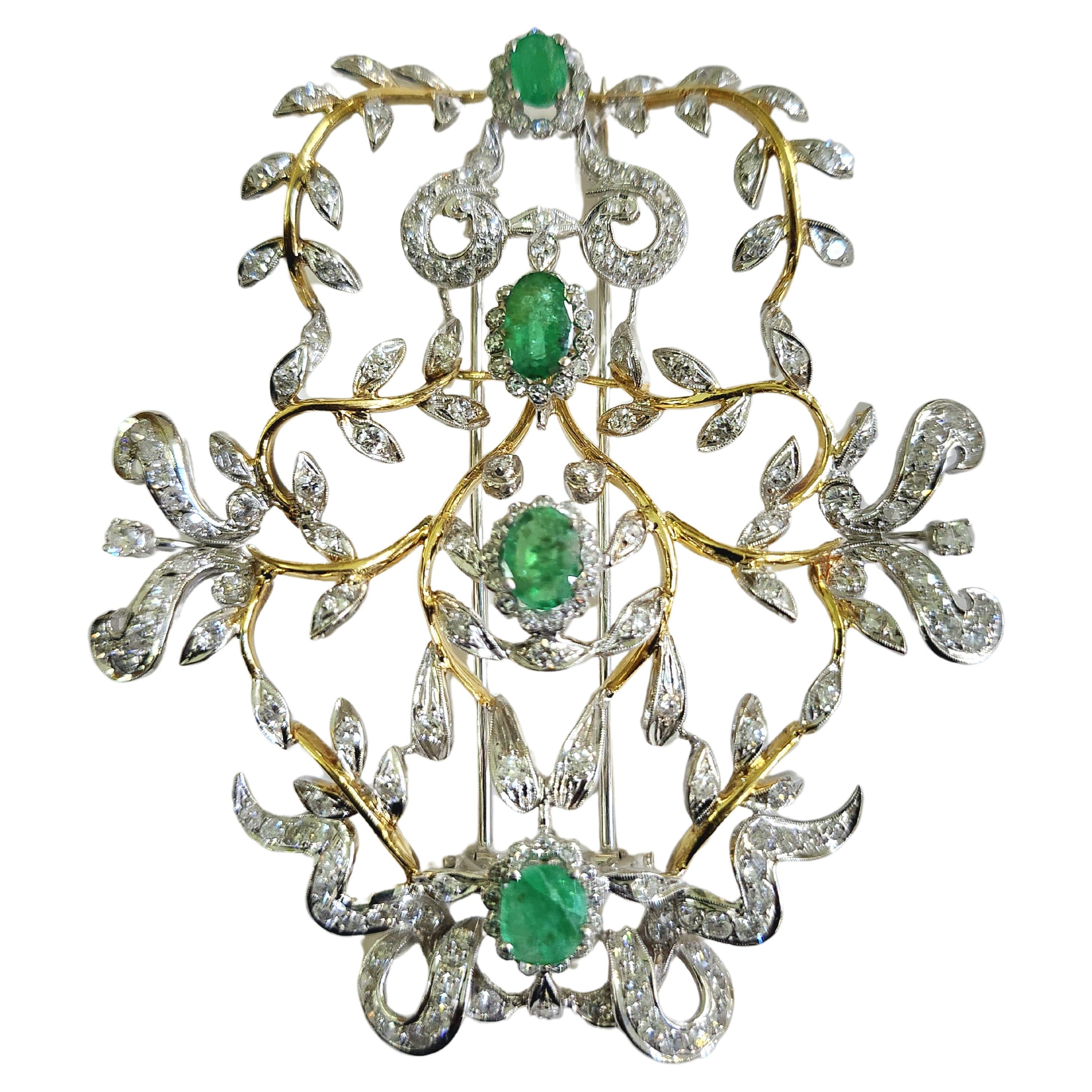 Vintage 4 Carats Diamond 3 Carat Emerald Gold Brooch For Sale