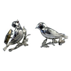 Vintage 4 Diamond 14 Karat White Gold Birds with Ruby Eyes Cufflinks Large