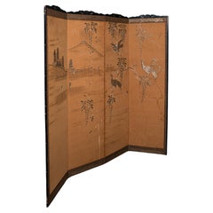 Vintage 4-Fold Privacy Screen, Japanese, Embroidered, Room Divider, Art Deco