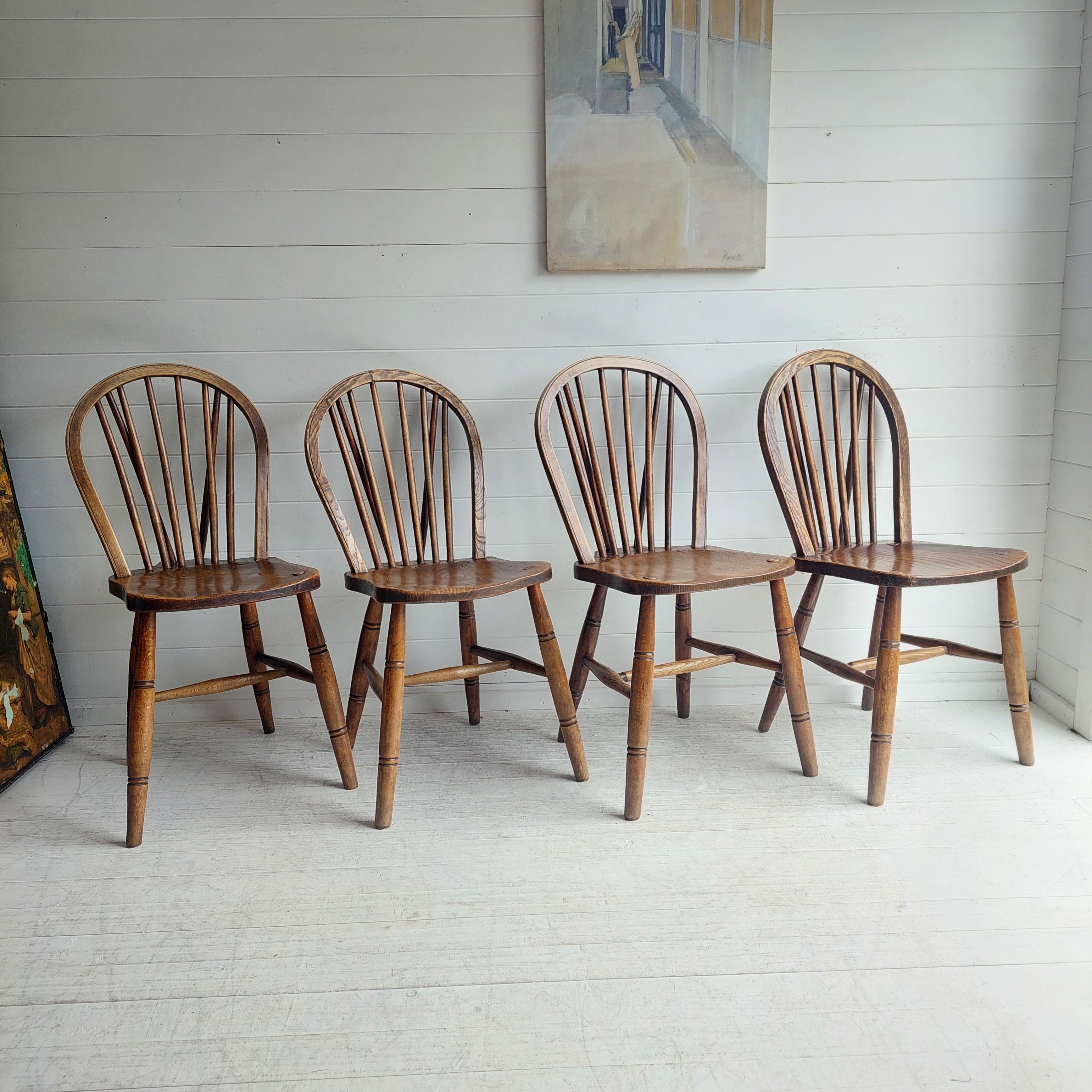 Vintage 4 High Wycombe Elm spindle hoop Back Windsor dining Chairs, 1942 3