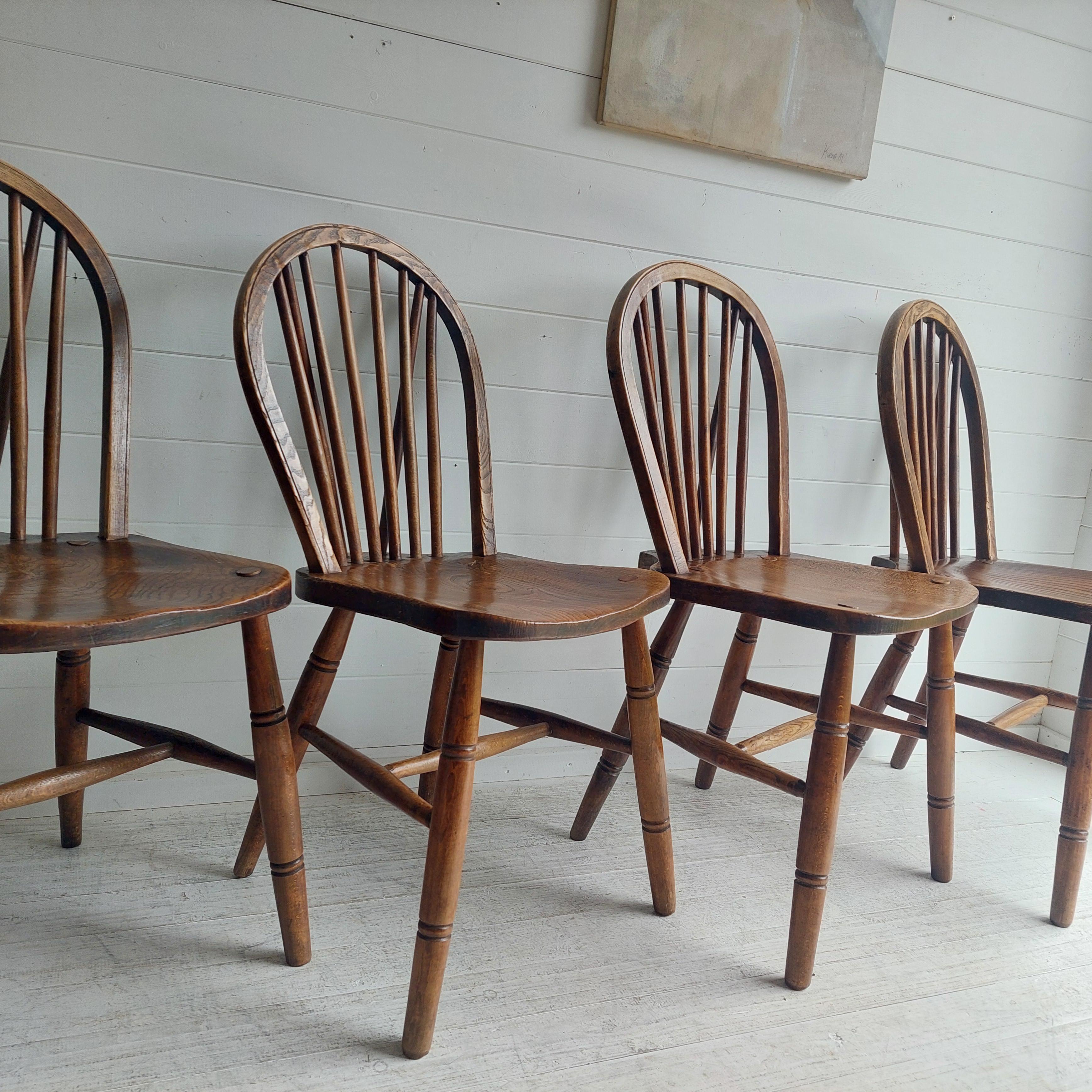 Vintage 4 High Wycombe Elm spindle hoop Back Windsor dining Chairs, 1942 4