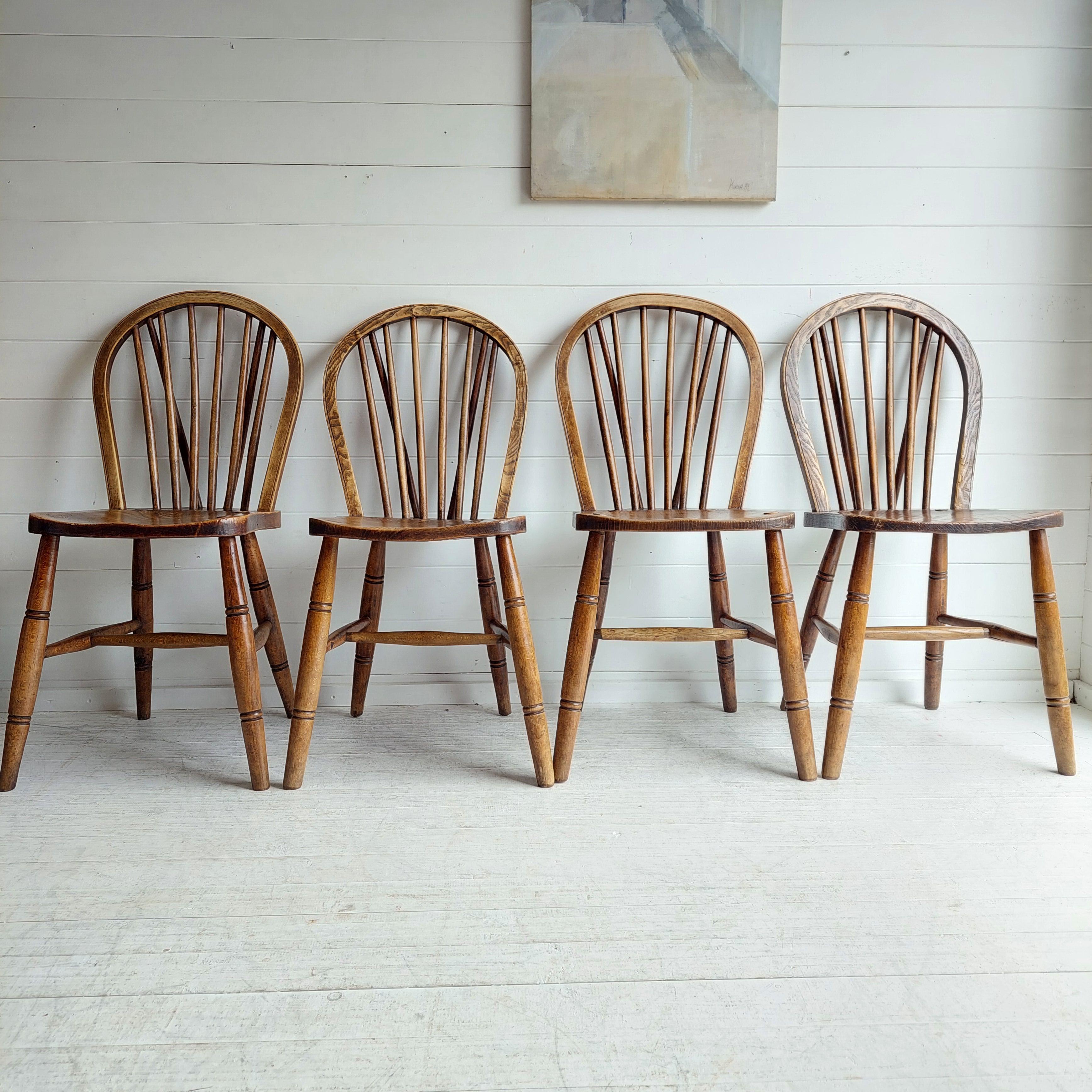 Vintage 4 High Wycombe Elm spindle hoop Back Windsor dining Chairs, 1942 5