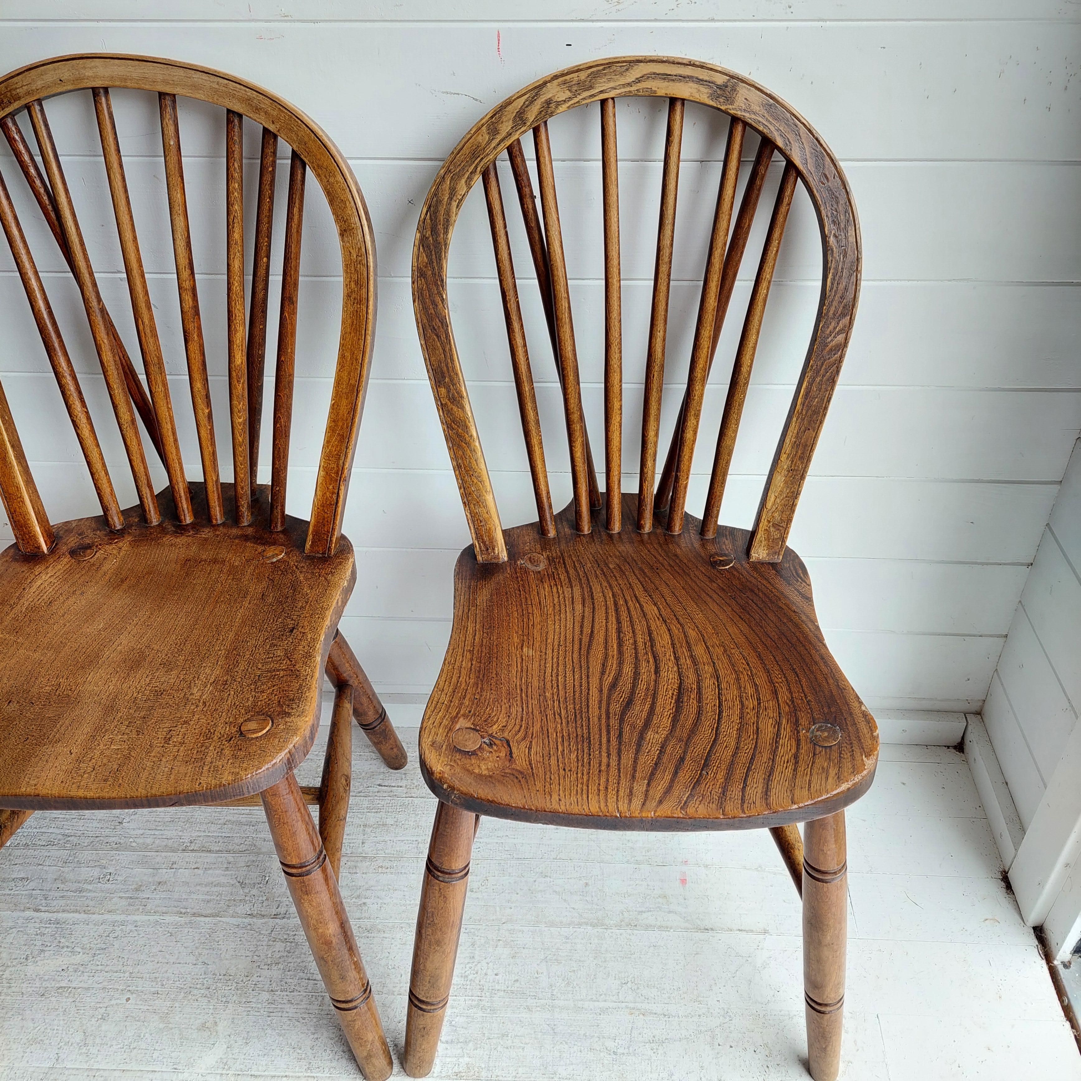 Vintage 4 High Wycombe Elm spindle hoop Back Windsor dining Chairs, 1942 7