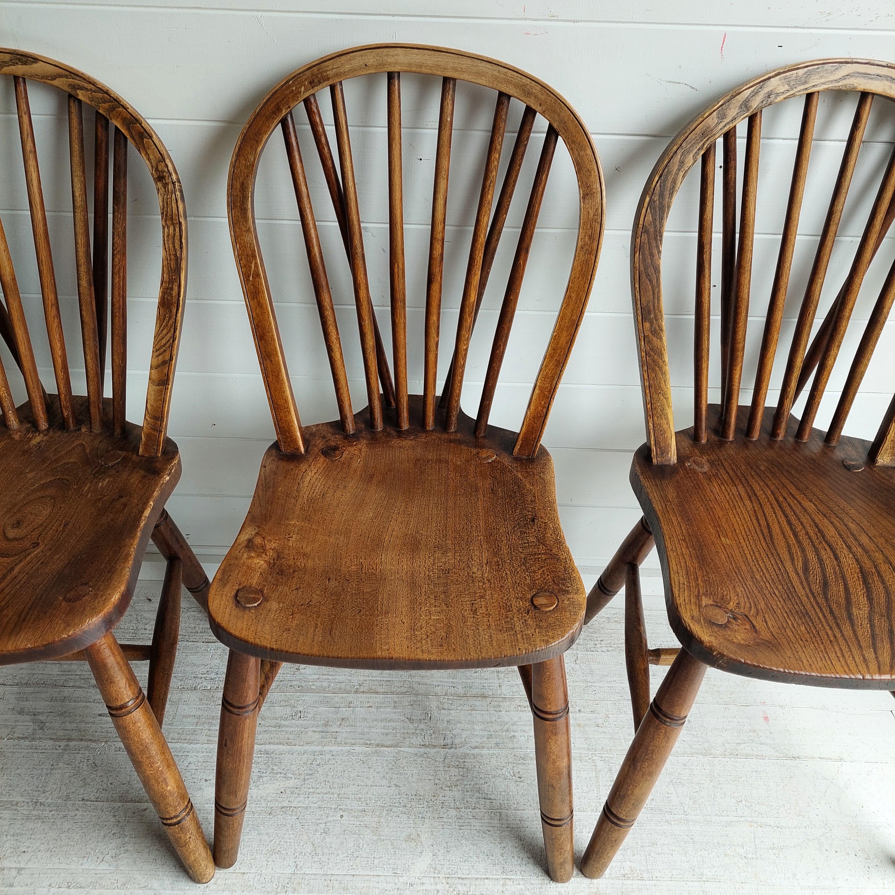 Vintage 4 High Wycombe Elm spindle hoop Back Windsor dining Chairs, 1942 8