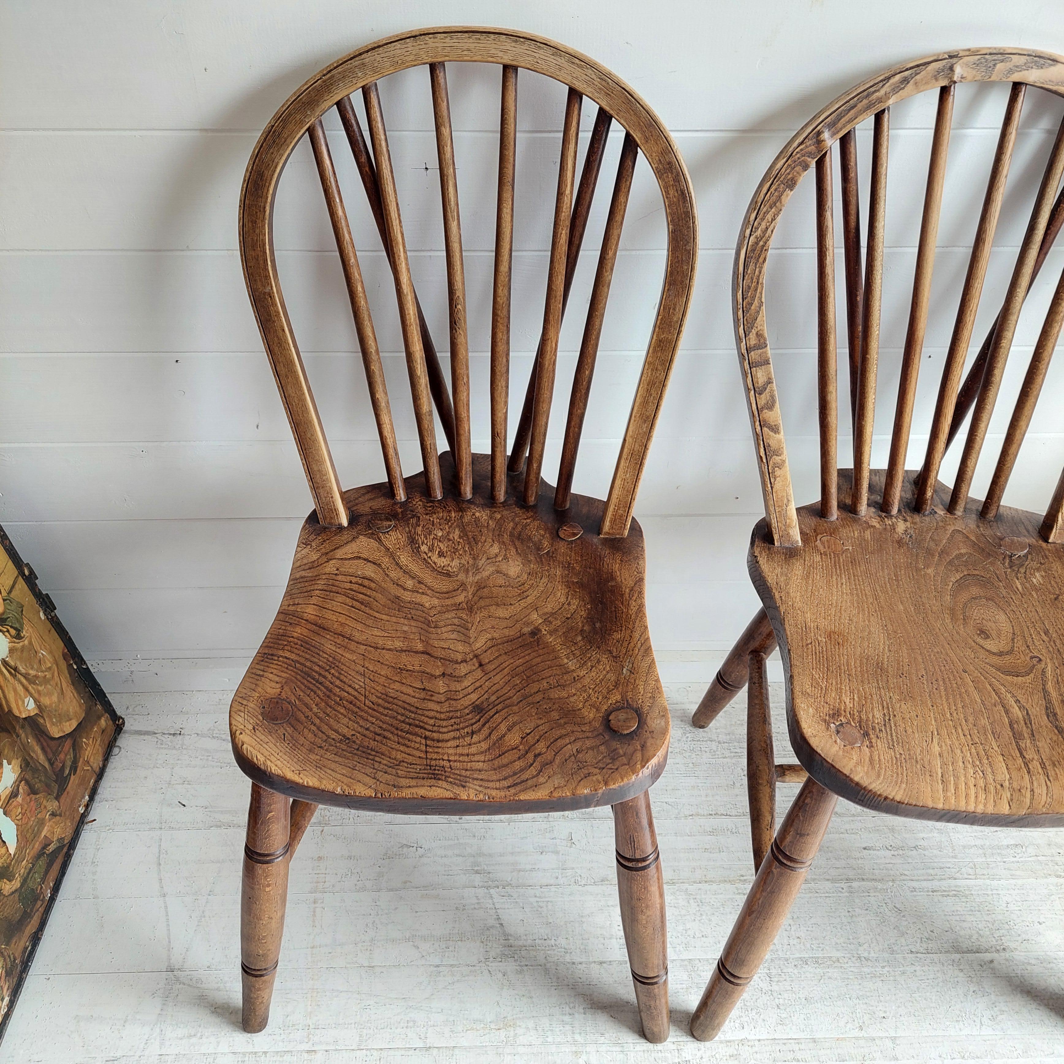 Vintage 4 High Wycombe Elm spindle hoop Back Windsor dining Chairs, 1942 10