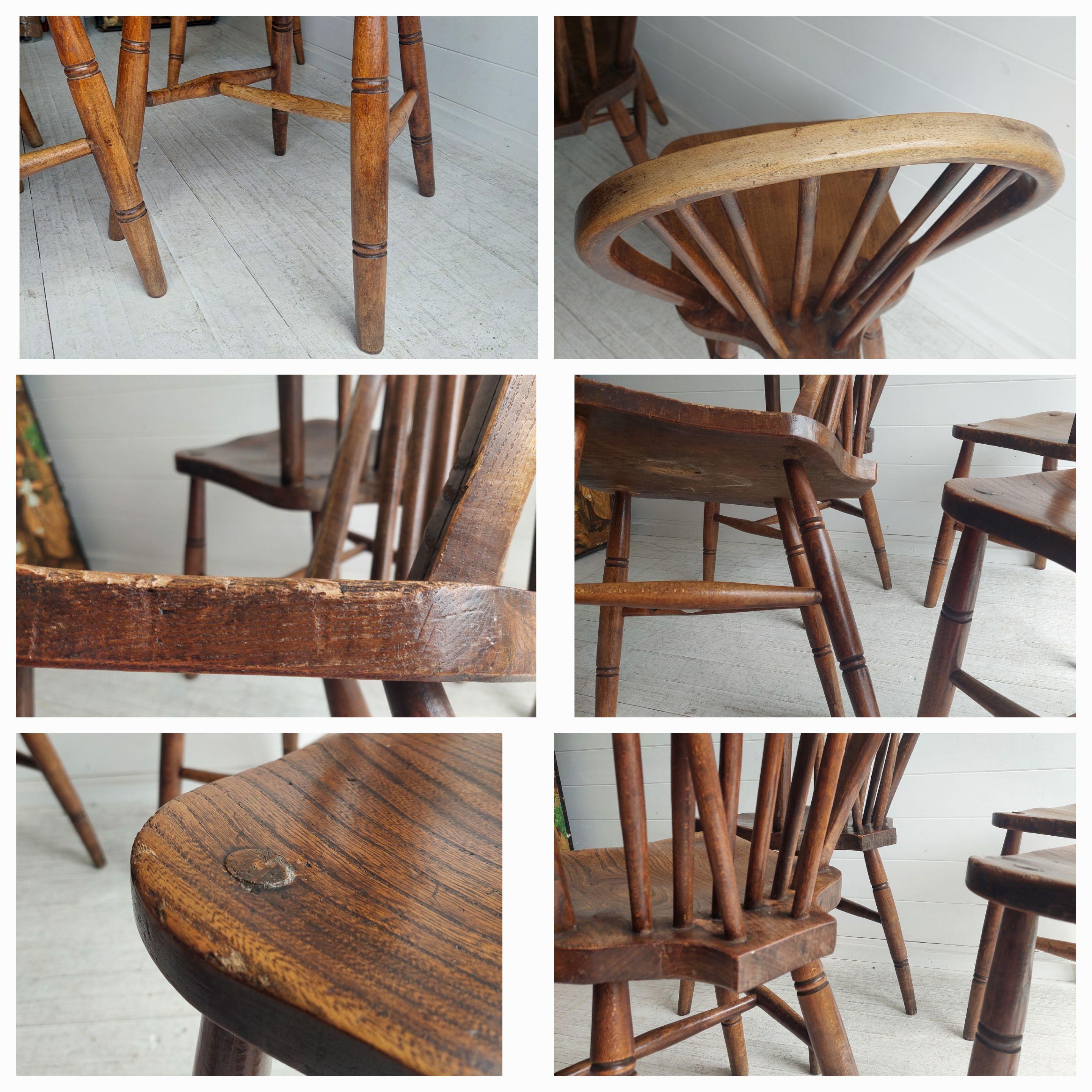 Vintage 4 High Wycombe Elm spindle hoop Back Windsor dining Chairs, 1942 13