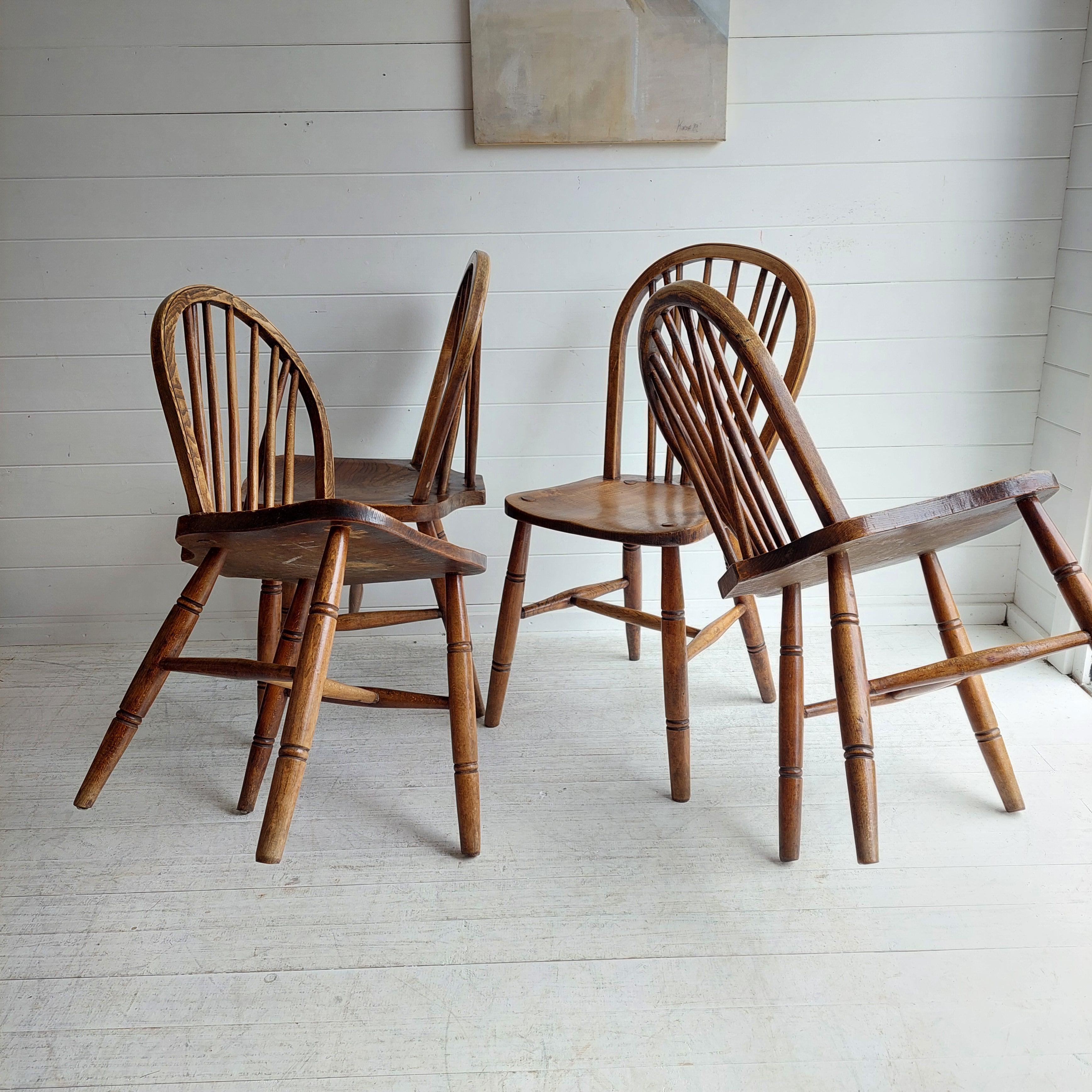 British Vintage 4 High Wycombe Elm spindle hoop Back Windsor dining Chairs, 1942
