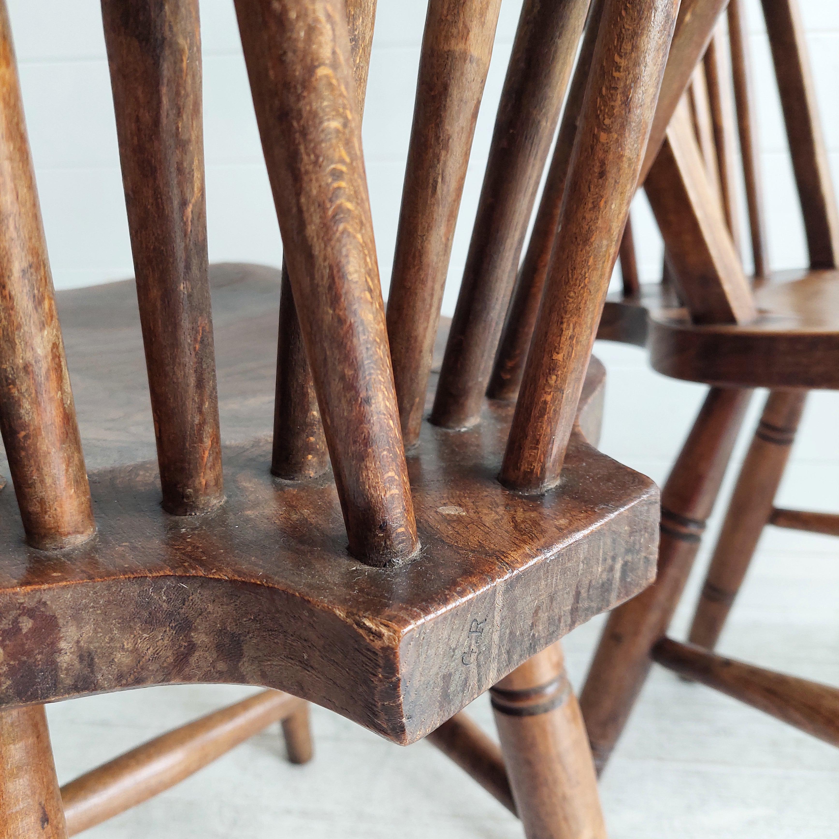 Ash Vintage 4 High Wycombe Elm spindle hoop Back Windsor dining Chairs, 1942