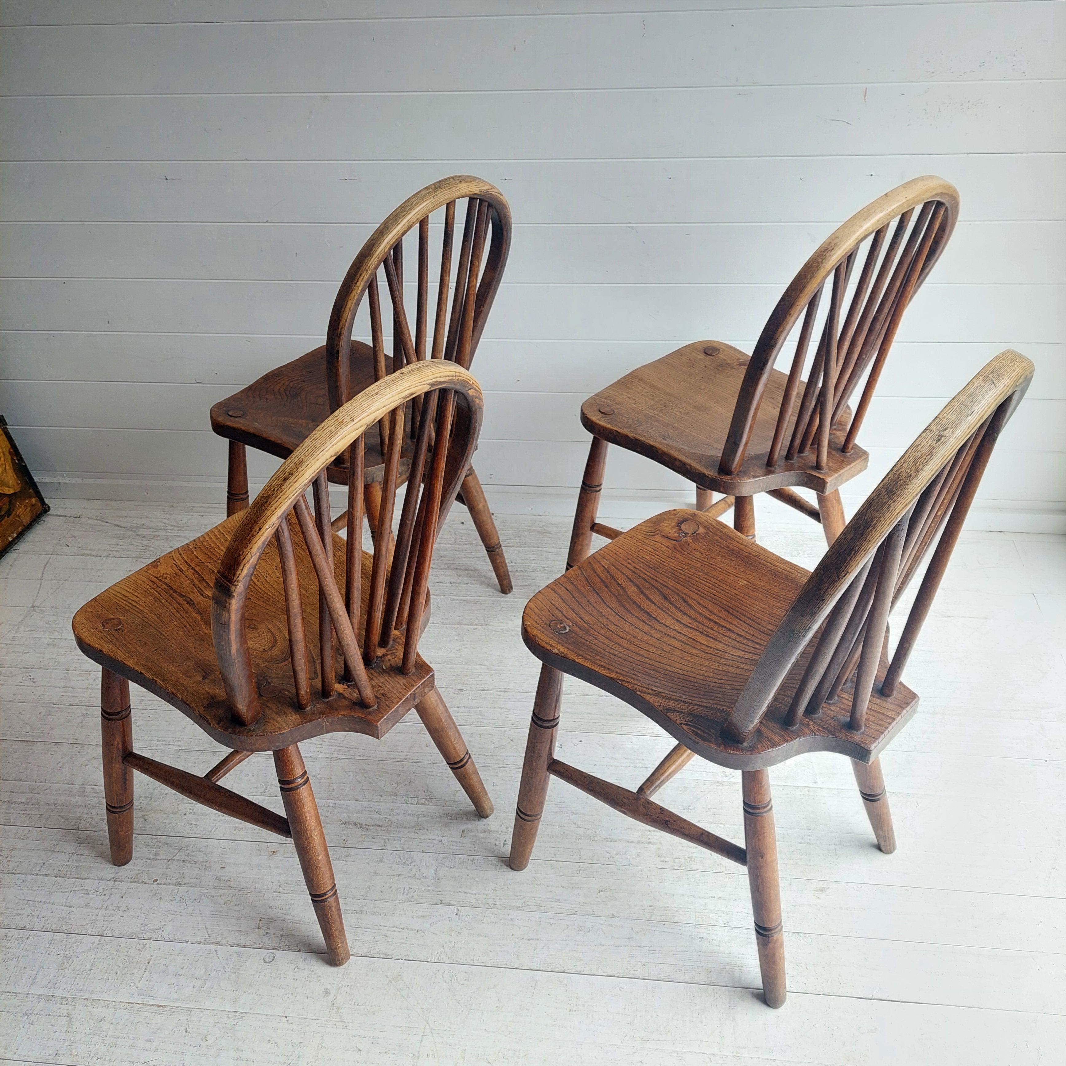 Vintage 4 High Wycombe Elm spindle hoop Back Windsor dining Chairs, 1942 2