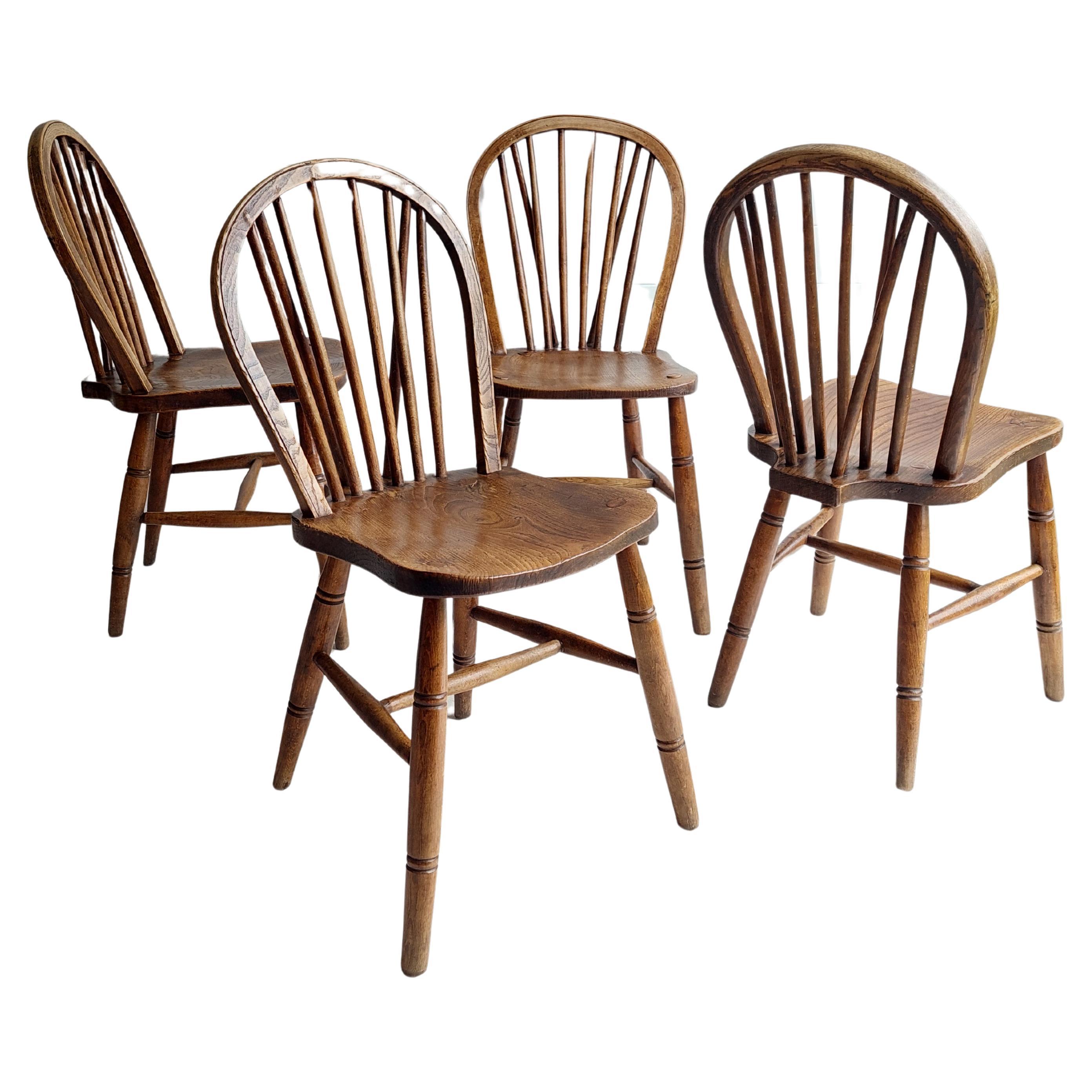 Vintage 4 High Wycombe Elm spindle hoop Back Windsor dining Chairs, 1942