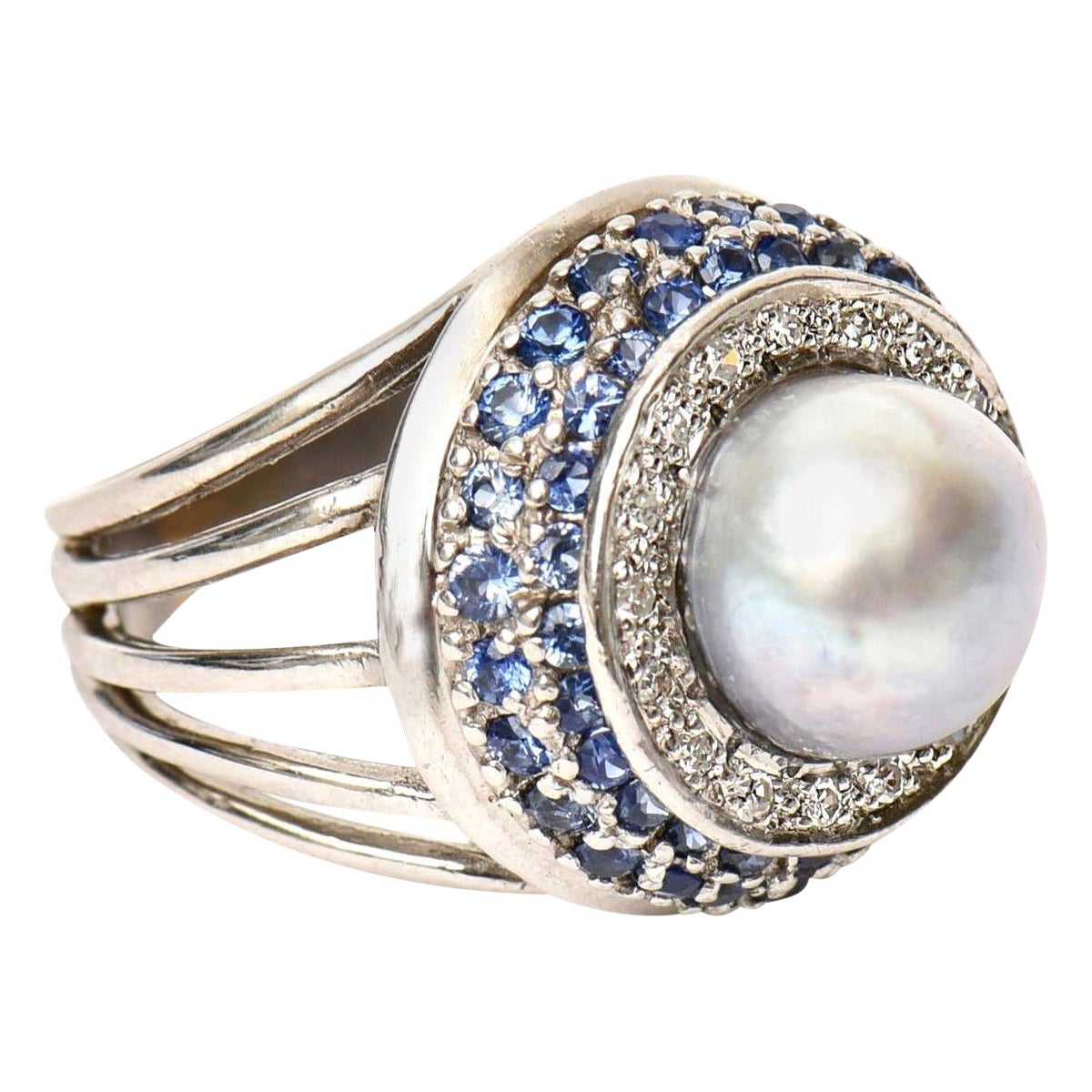 Vintage !4 Karat Gold, Cultured Pearl, Diamond and Sapphire Dome Cocktail Ring