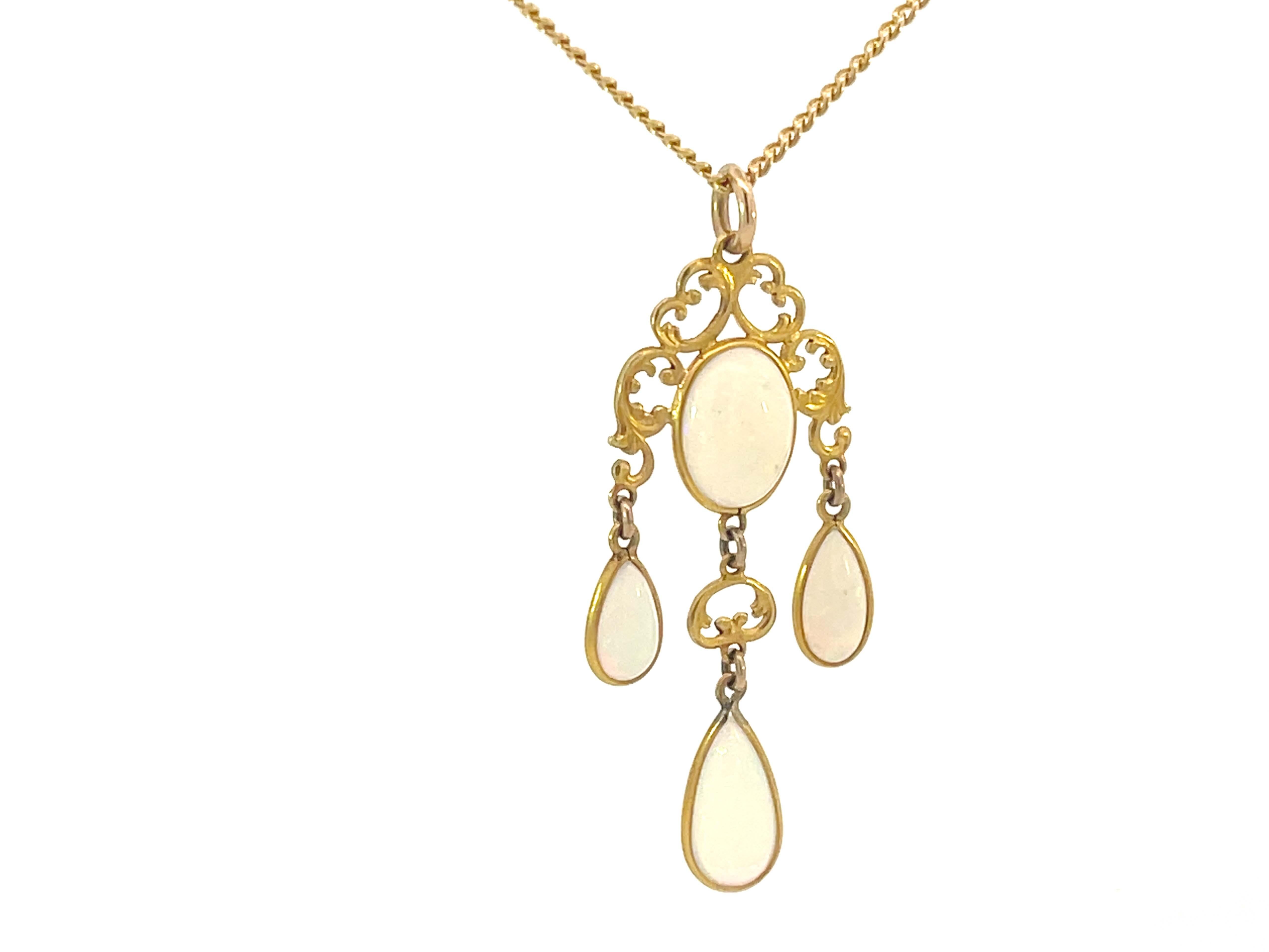 Modern Vintage 4 Opal Drop Pendant Necklace 14k Yellow Gold For Sale