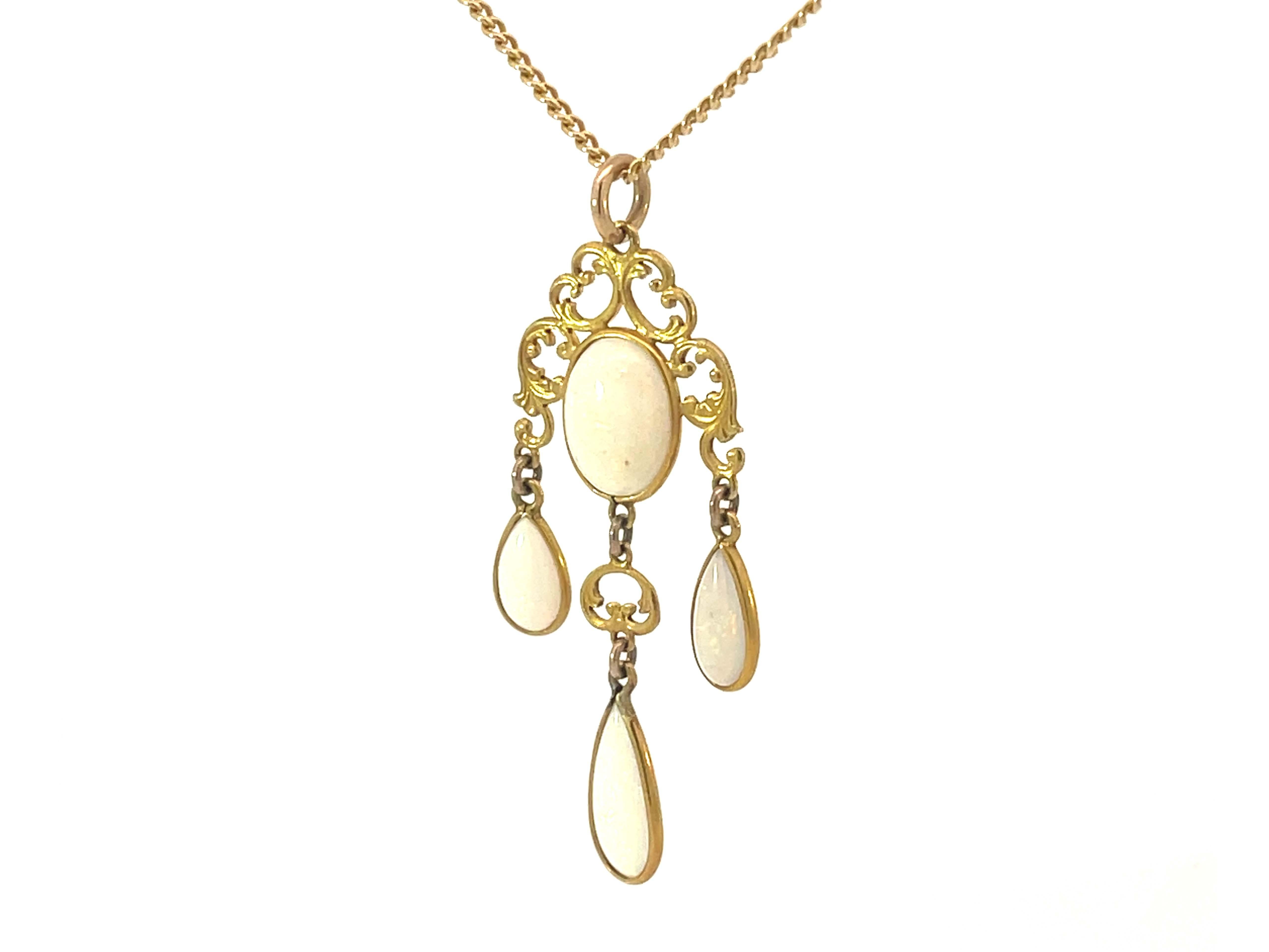 Cabochon Vintage 4 Opal Drop Pendant Necklace 14k Yellow Gold For Sale