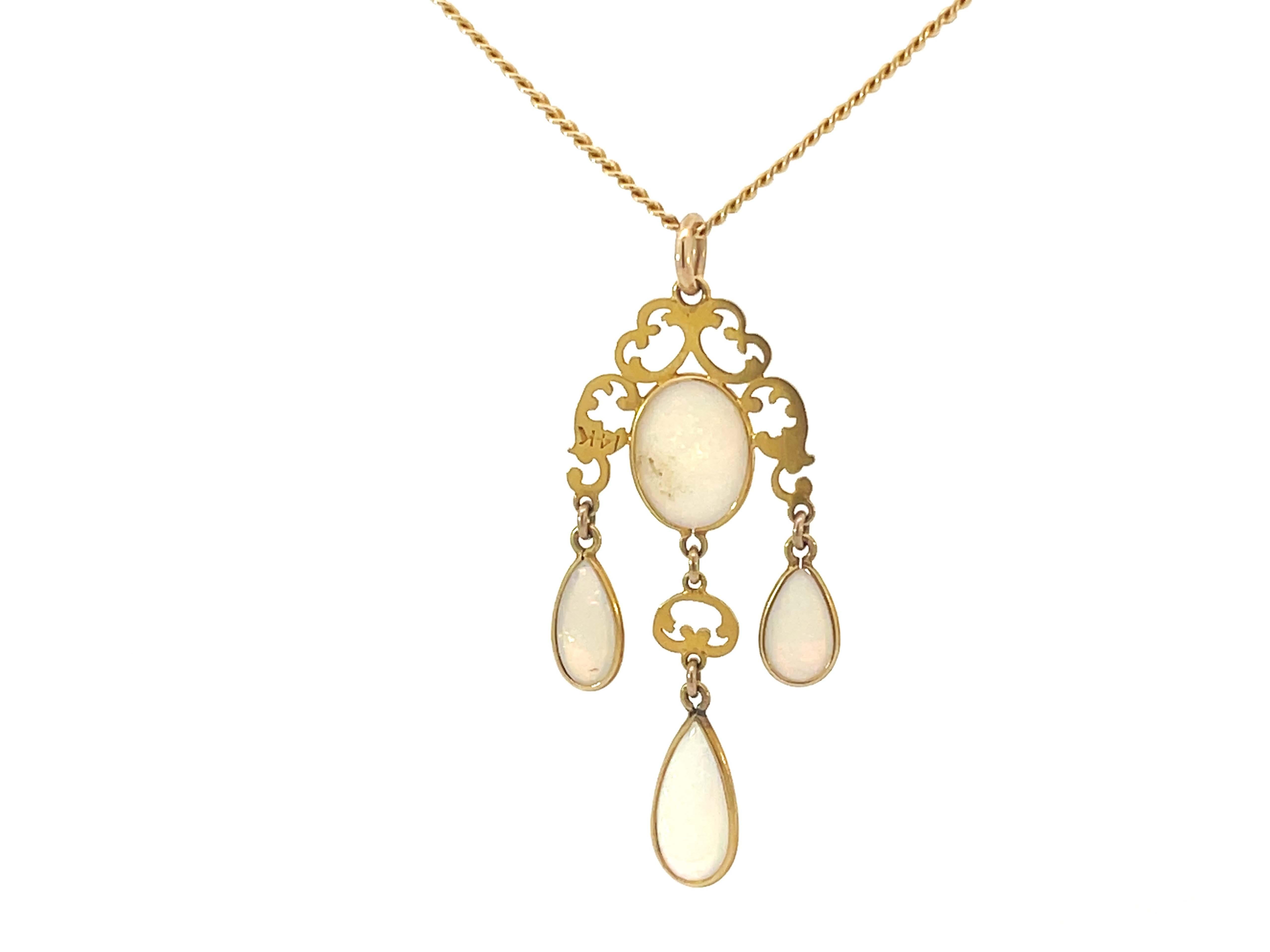 Vintage 4 Opal Drop Pendant Necklace 14k Yellow Gold For Sale 1